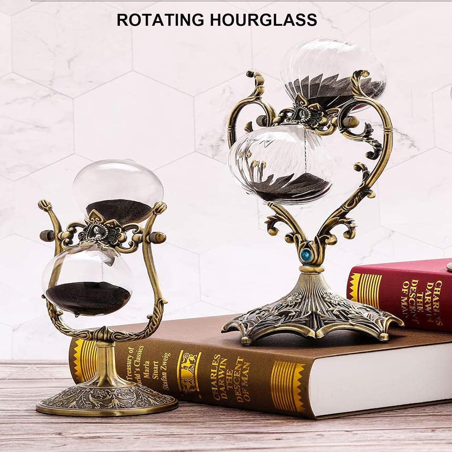 SuLiao Hourglass 60 Minute,Love Engraving Rotating Brass Sand Timer Clock,Antique Black Sand Watch 60 Min,Vintage Reloj De Arena,Large Unity 1 Hour Glass Sandglass for Gifts Desk Decoration