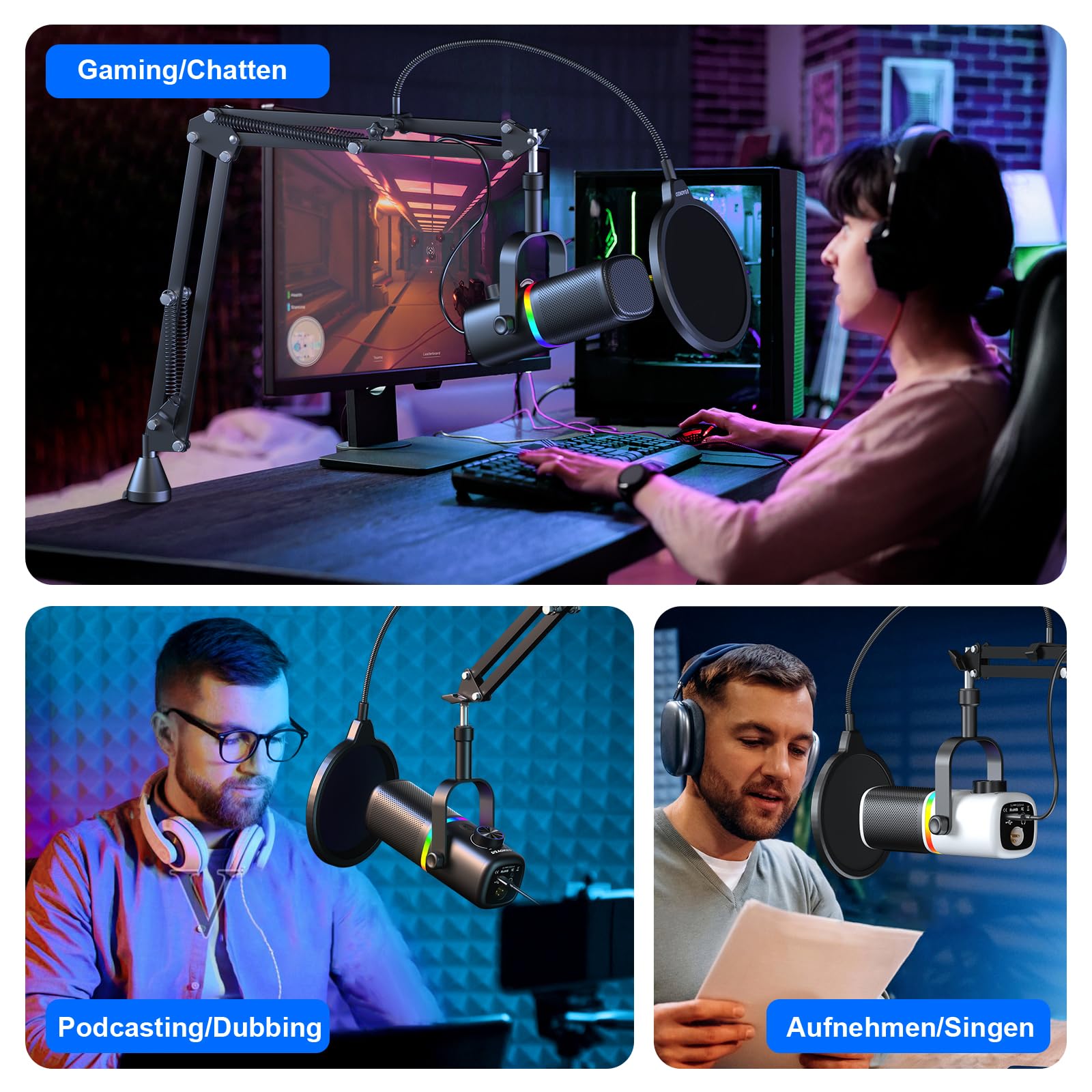 aokeo Mikrofon PC mit Mikrofonarm,AK-10 USB/XLR Dynamisches Gaming Mikrofon für Podcast,Streaming mit RGB-Beleuchtung,Lautstärkeregler,Stummschalttaste und Rauschunterdrückung (Weiß)