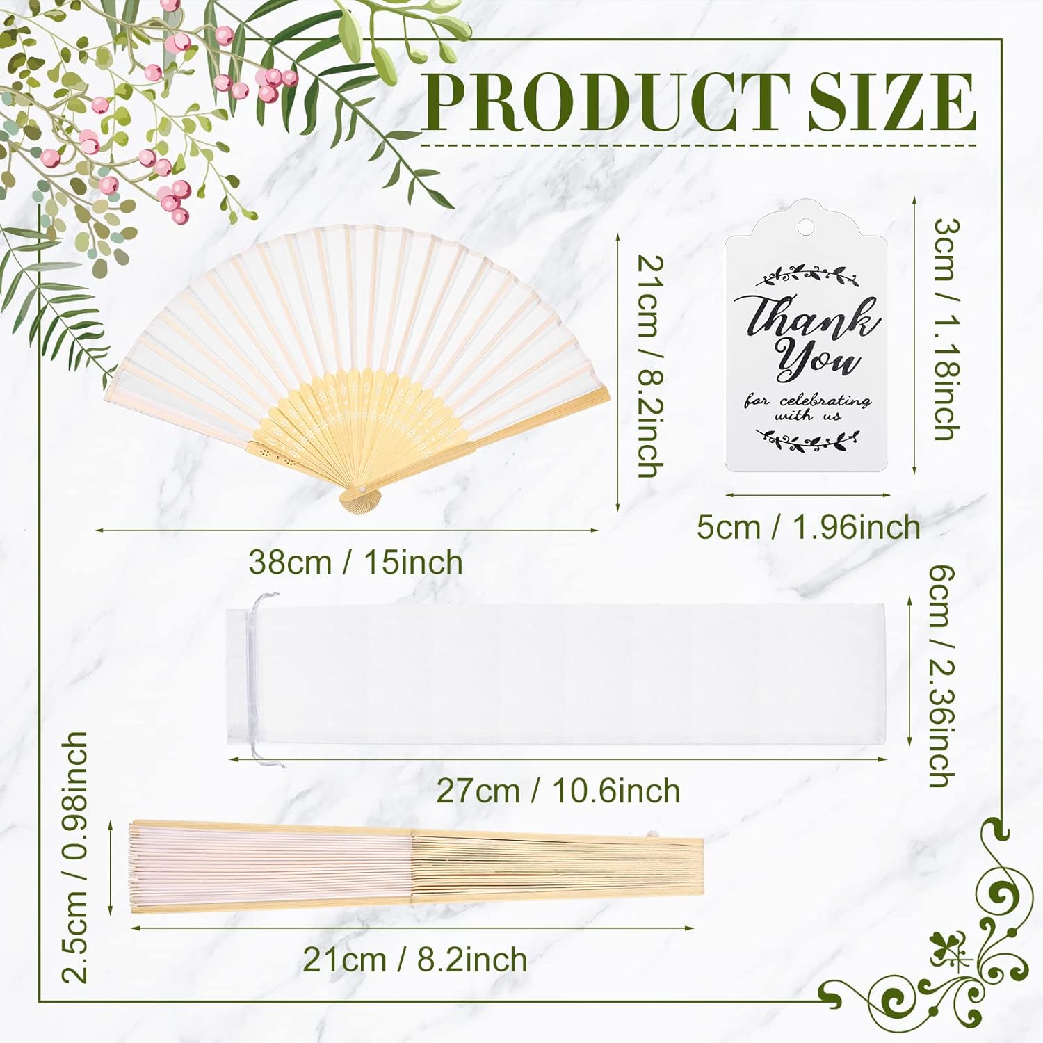 Geetery 24 Sets Wedding Fans for Guests Bamboo Handheld Folding Fan with Thank Cards and Gift Bags for Bridal Shower Dancing Church Home Favors
