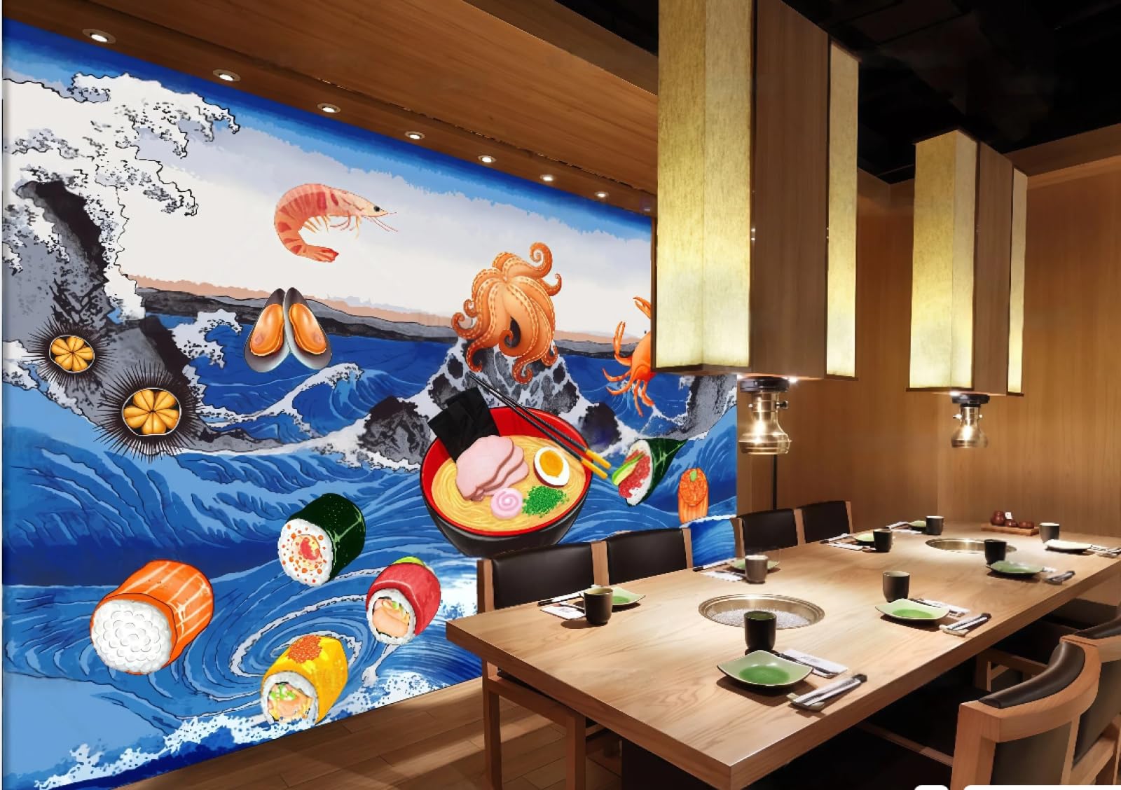 XDOUBAO Wallpaper Hand-Painted Sea Delicious Sushi Cuisine Seafood Noodles Theme Afternoon Tea Western Restaurant Background Wall Wallpaper Coffee Shop Mural,3D,250x175cm