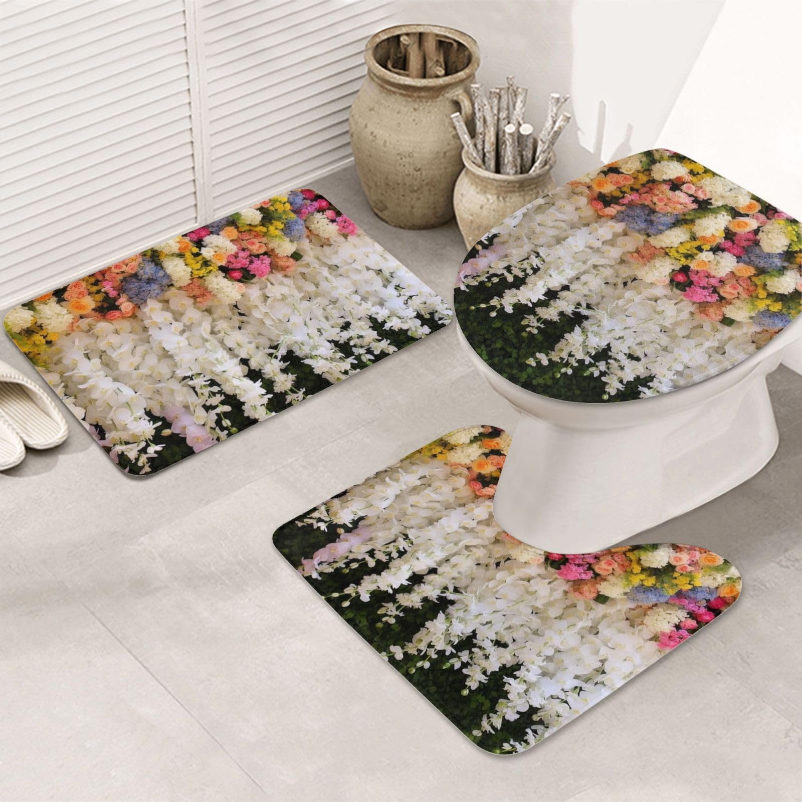 Tapis de salle de bain à fleurs absorbant et antidérapant avec contour WC en U - Lot de 3