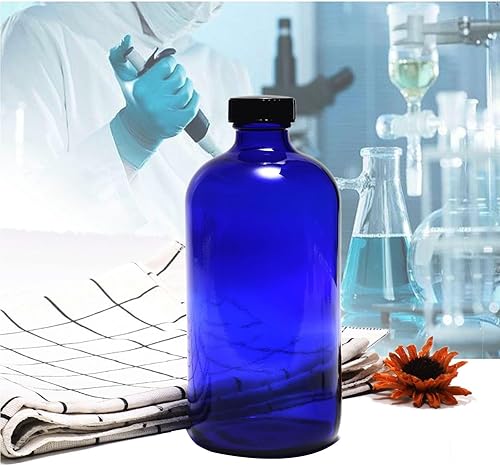 Miniatura 7 de Botellas de vidrio azul de 16 onzas con tapas reutilizables (paquete de 2), botella de almacenamiento Boston, dispensación para extracto de vainilla
