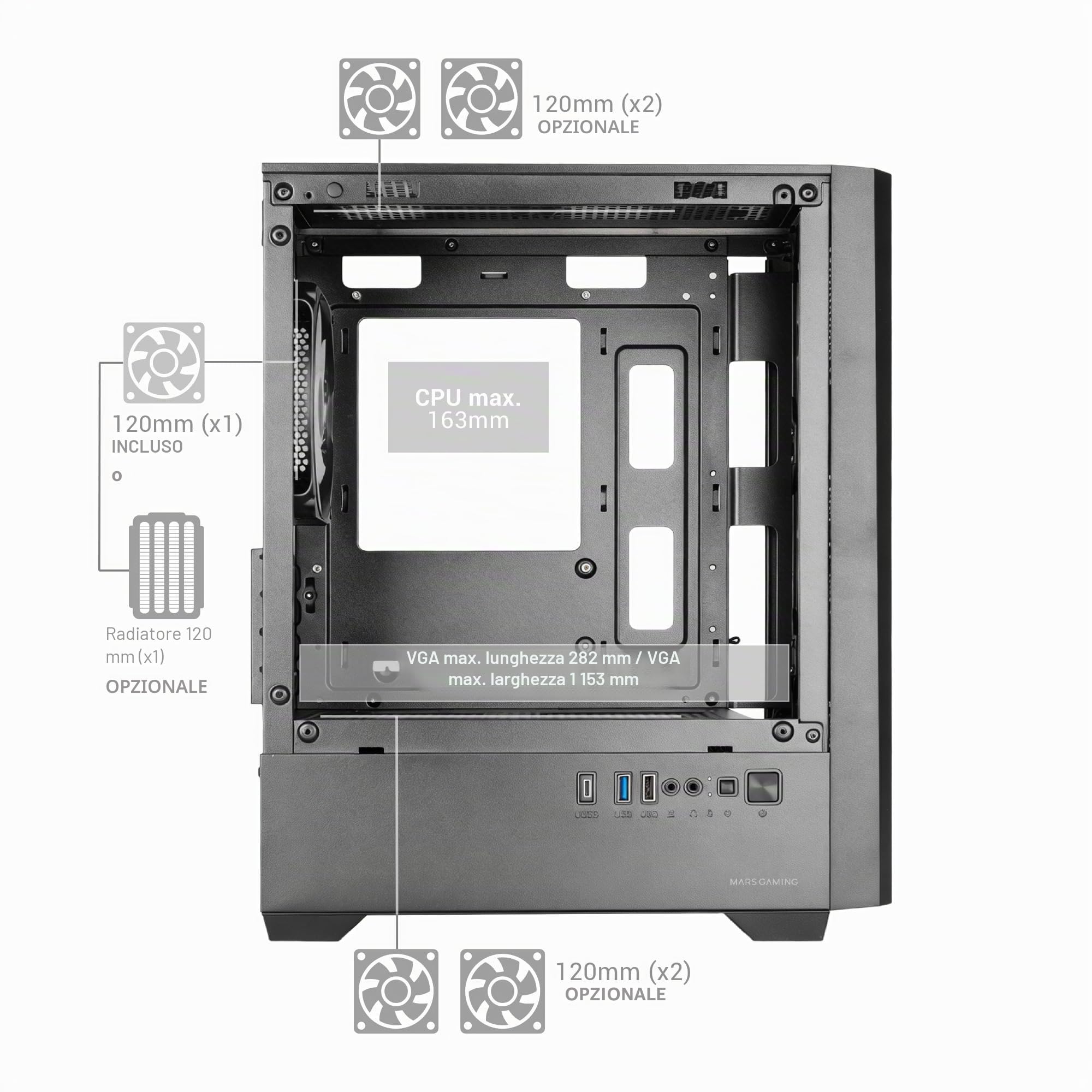 Mars Gaming MC-VECTOR, Case PC Gaming Micro-ATX e Mini-ITX, 4x Ventole ARGB FDB 120mm, Vetro Temperato, Frontale Mesh, Doppia Camera, Supporto Raffreddamento Liquido 120mm, USB-C, Bianco