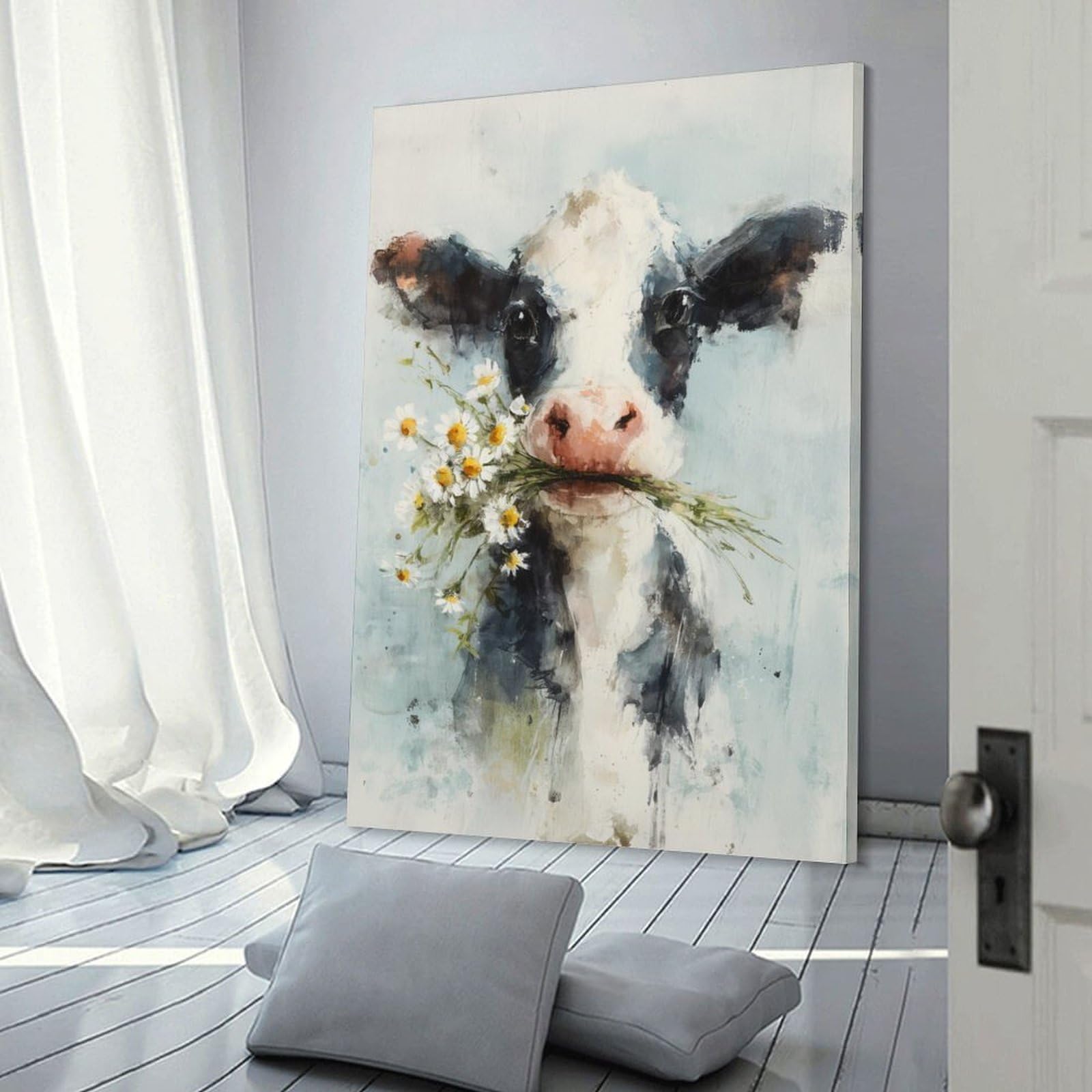 Junmoney Frame-Style-5 Cow With Flowers Art Print Wall Decor Canvas Print, 20X30inch(50X75cm), For Flats, Guest Rooms Or Compact Rooms, A Simple Refresh For Blank Walls