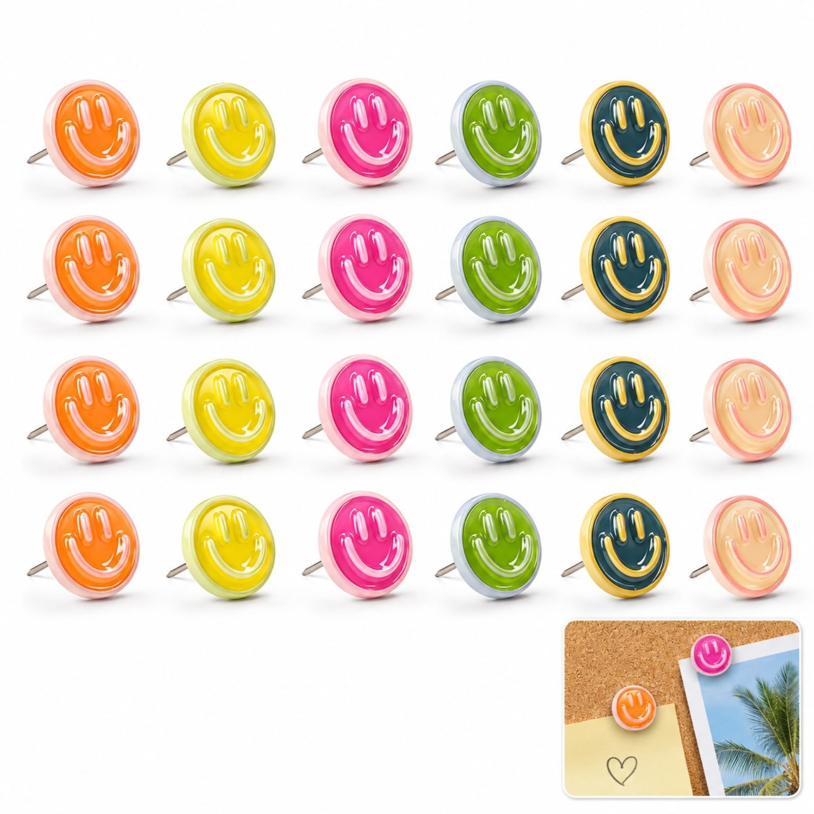 Mistillion 24 Pcs Smiley Face Push Pins, Decorative Cork Board Pins with Storage Box, Colourful Resin Drawing Pins for Bulletin Board, Photo Wall, Home & Office Decoration