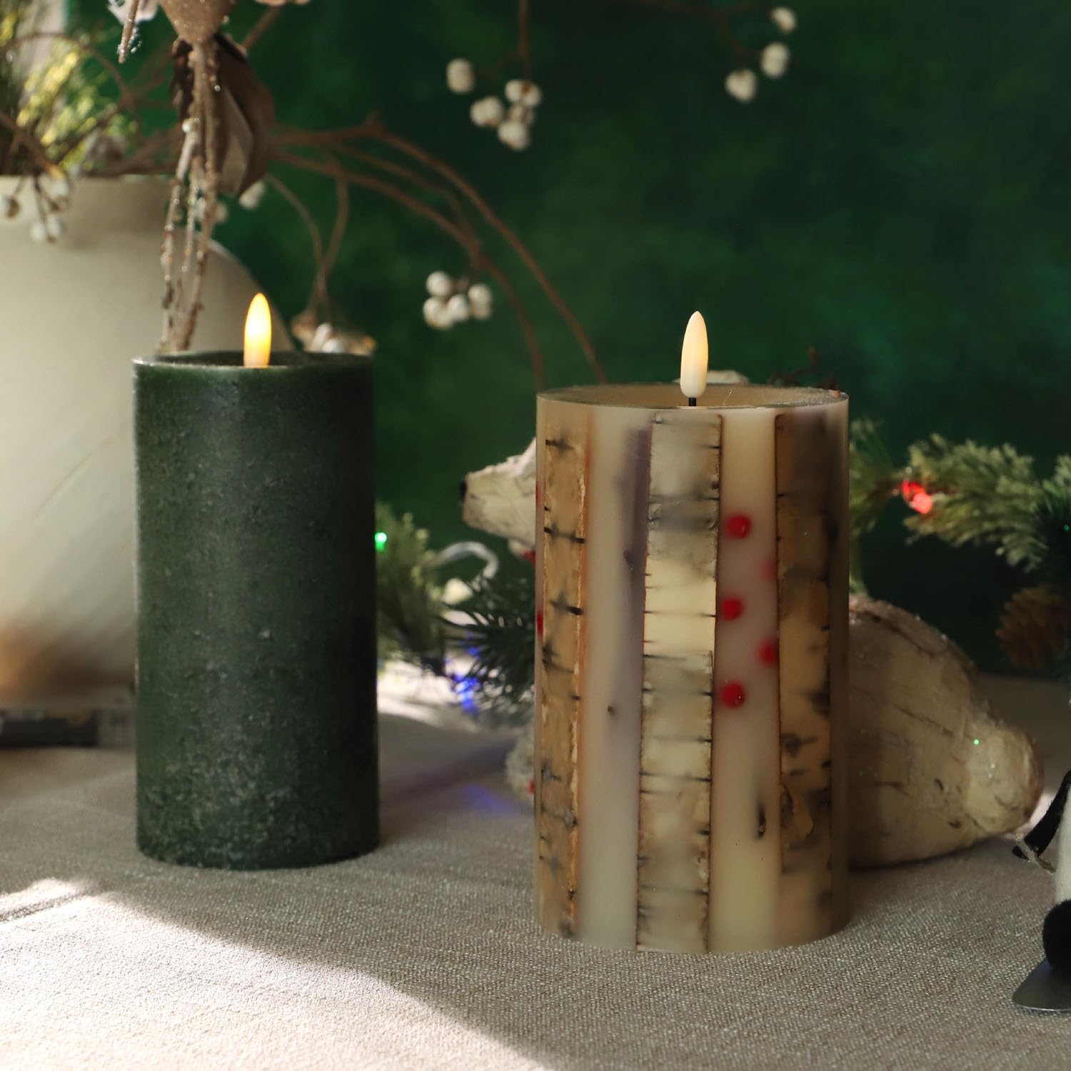 Real Birch Candles Flameless Embedded with Red Berries Christmas Flameless Candles with Remote Pillar Candles Battery Operated (3.5" × 6") - Real Wax, Unscented - for Christmas Decorations - Image 9