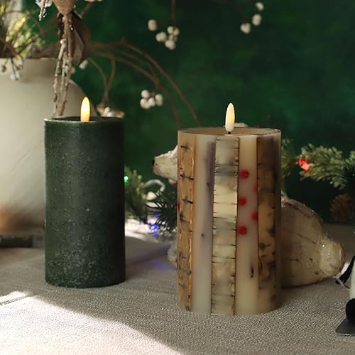 Miniatura 9 de Velas de abedul real sin llama incrustadas con bayas rojas, velas de Navidad sin llama con control remoto, velas tipo pilar que funcionan con