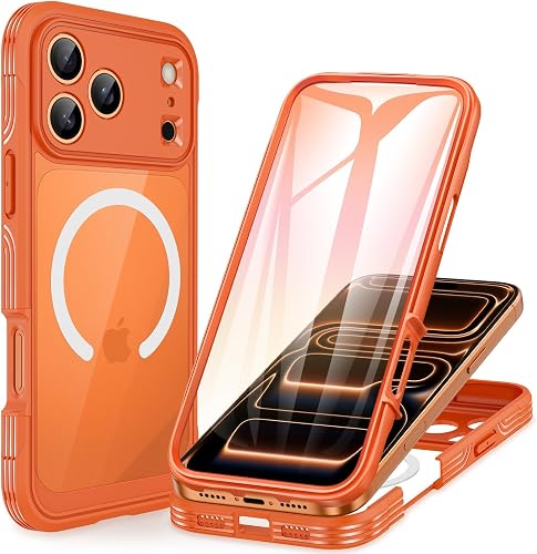 CENHUFO Magnética Funda iPhone 17 Pro [Compatible con MagSafe] Integrado 9H Cristal Templado Protector Pantalla y Protector Cámara, 360 Grados Antigolpes Carcasa Transparente Capa Doble Case -Naranja