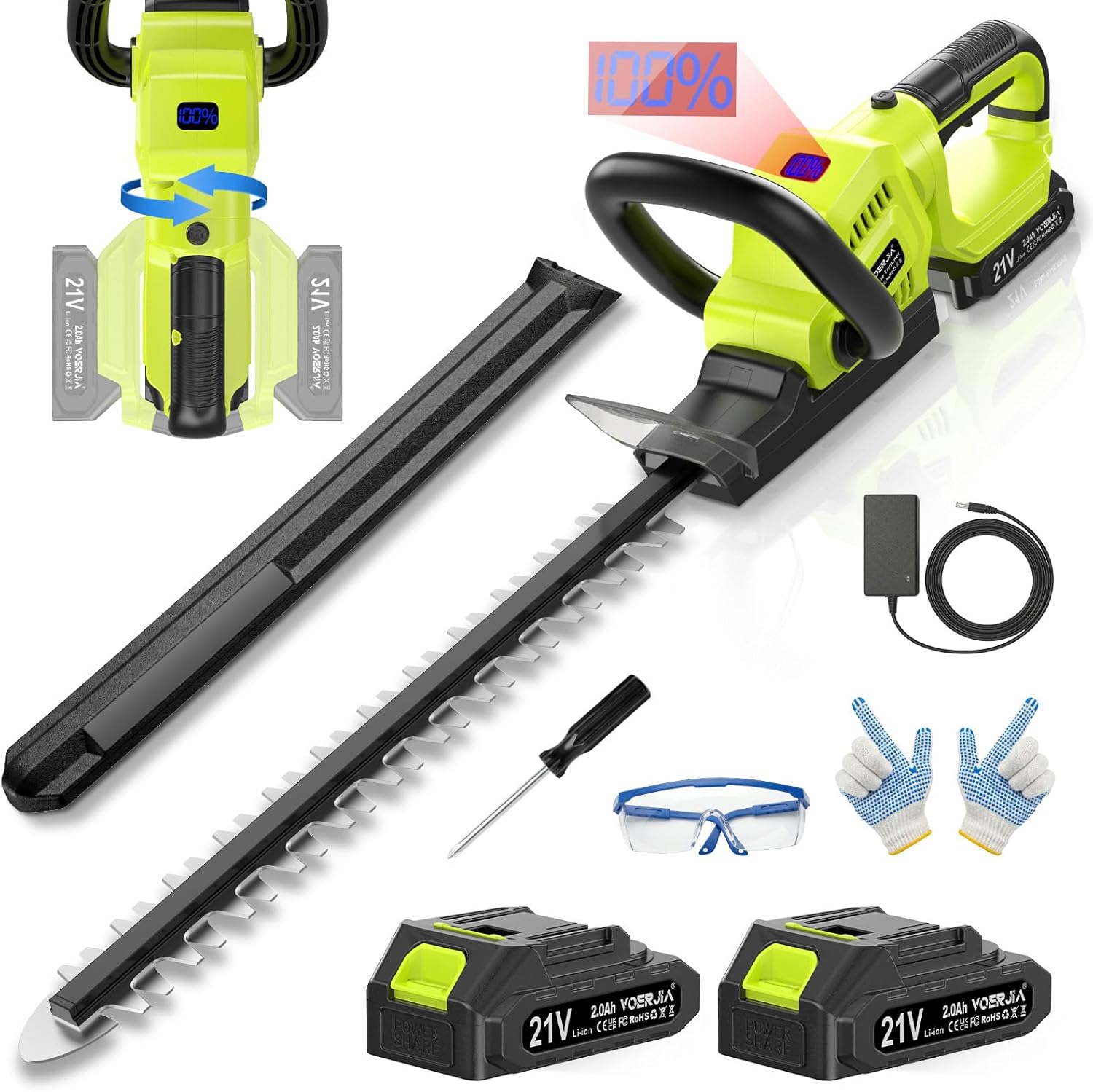 21V Hedge Trimmer Cordless with Battery, 20" Lightweight Electric Bush Trimmer, 2X 2.0Ah Batteries & LCD Display, 180° Rotating Handle, 3000RPM Dual-Action Blades, 2/3" Gap for Shrubs