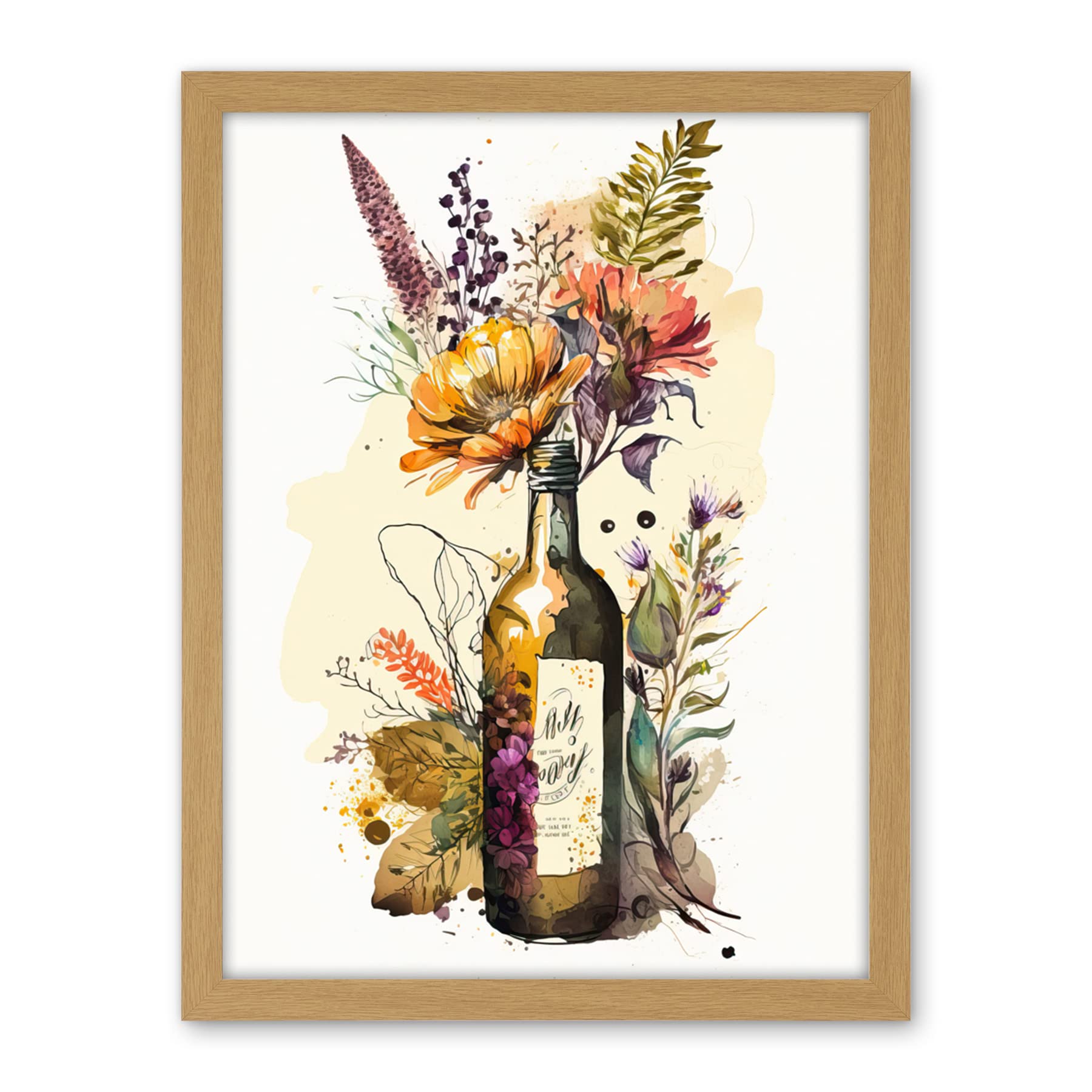 Artery8 Wildflower Bouquet in Upcycled Glass Wine Bottle Artwork Framed Wall Art Print 18X24 Inch