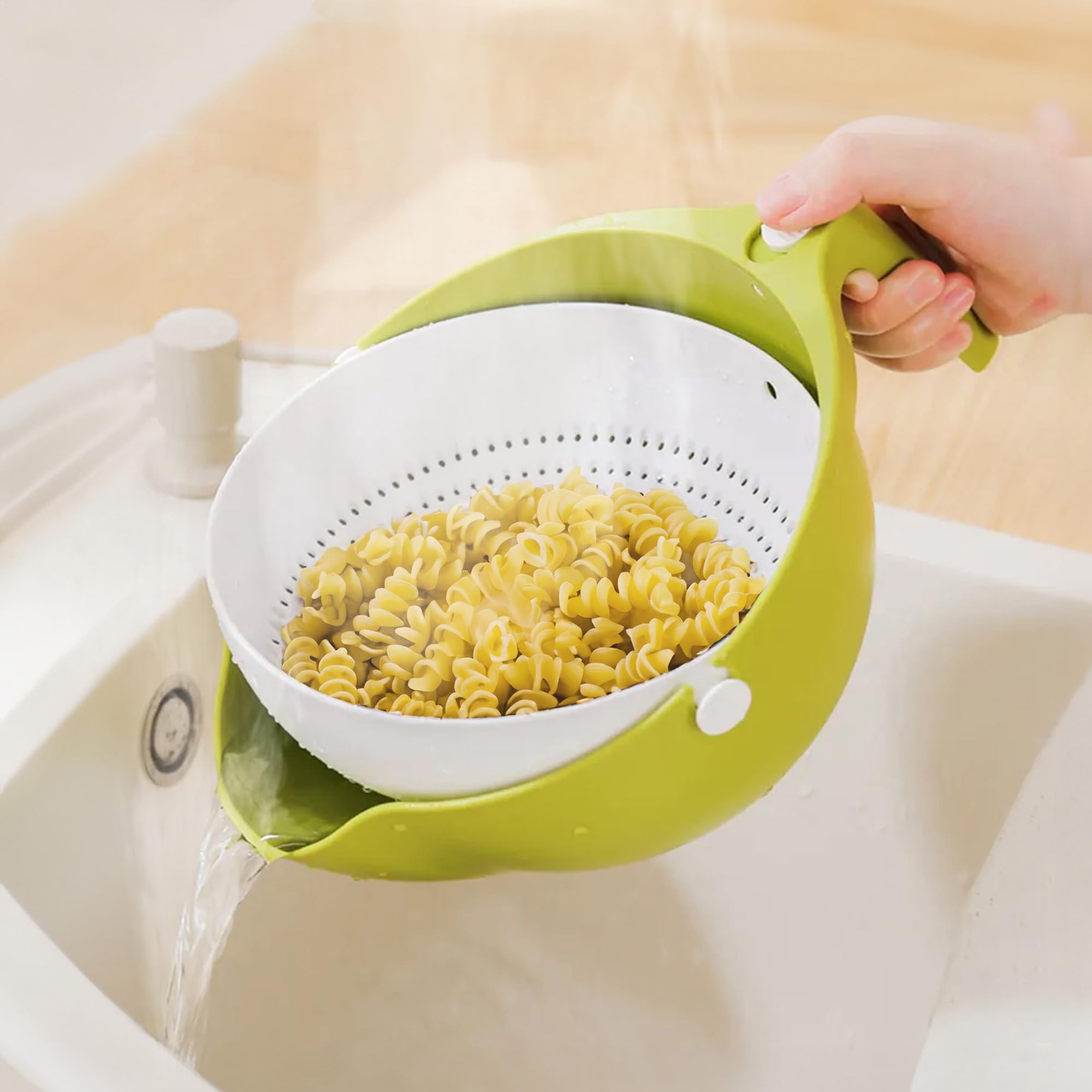 Obrotowy durszlak z miską na owoce i warzywa, dwuwarstwowa konstrukcja, uchwyt sitko odpływowe do makaronu, spaghetti, plastikowe sitka i sitka - niezbędne akcesoria kuchenne