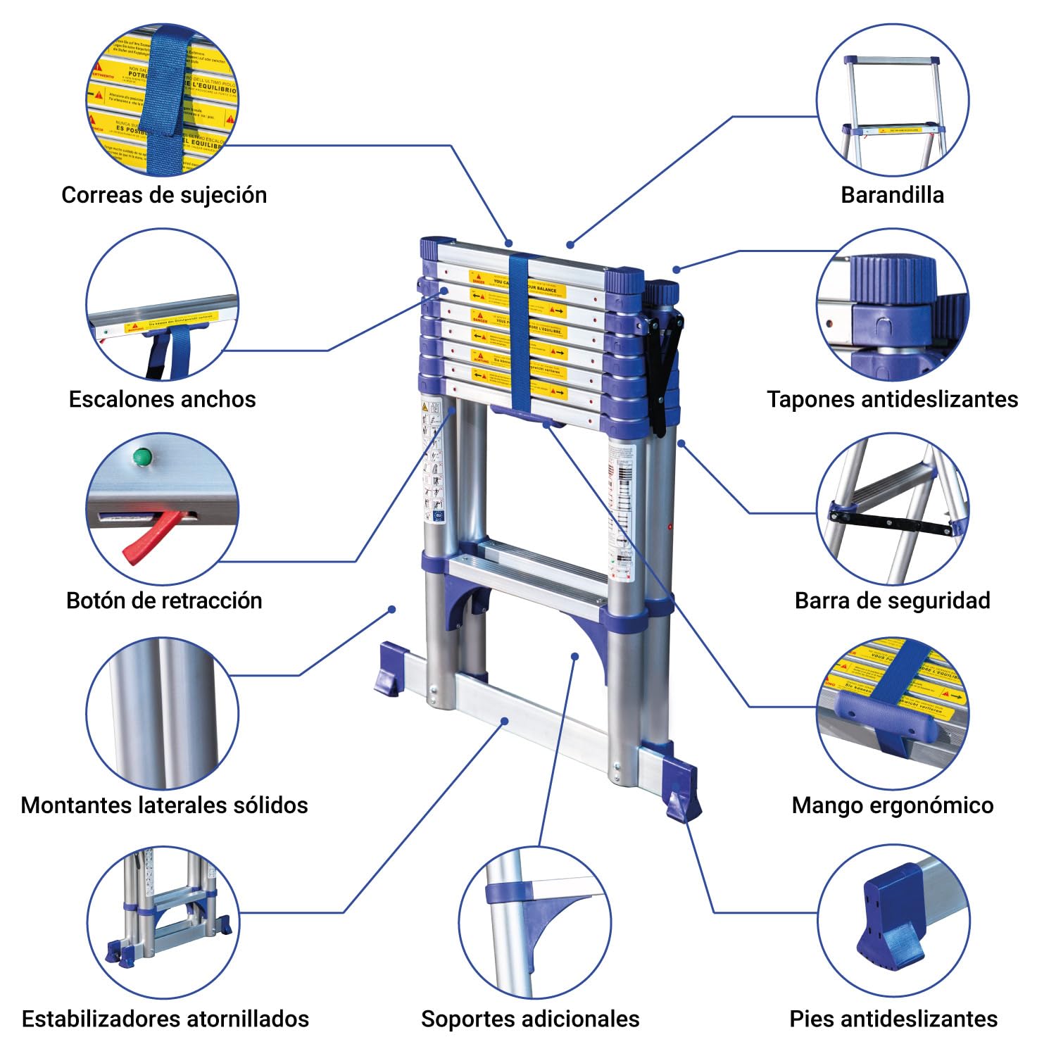 Escalera telescópica de 9 escalones EXTENDACT9, Escalera telescópica 2,6m+2,3 m, Escalera Plegable telescópica, Altura máxima de Trabajo 4,1m, Garantía de 5 años, Hostrom