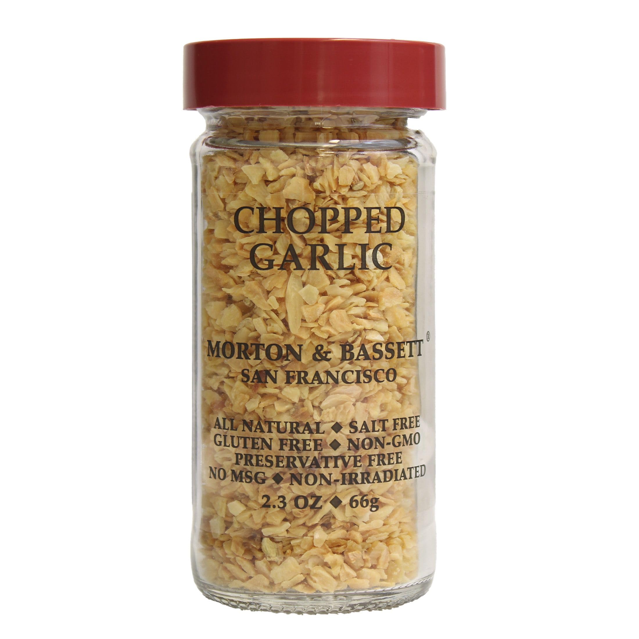 Morton & Bassett Chopped Garlic, 2.3 oz – Non-GMO, Salt-Free, Bold and Savory Flavor for Sauces, Stir-Fries & Mediterranean Dishes