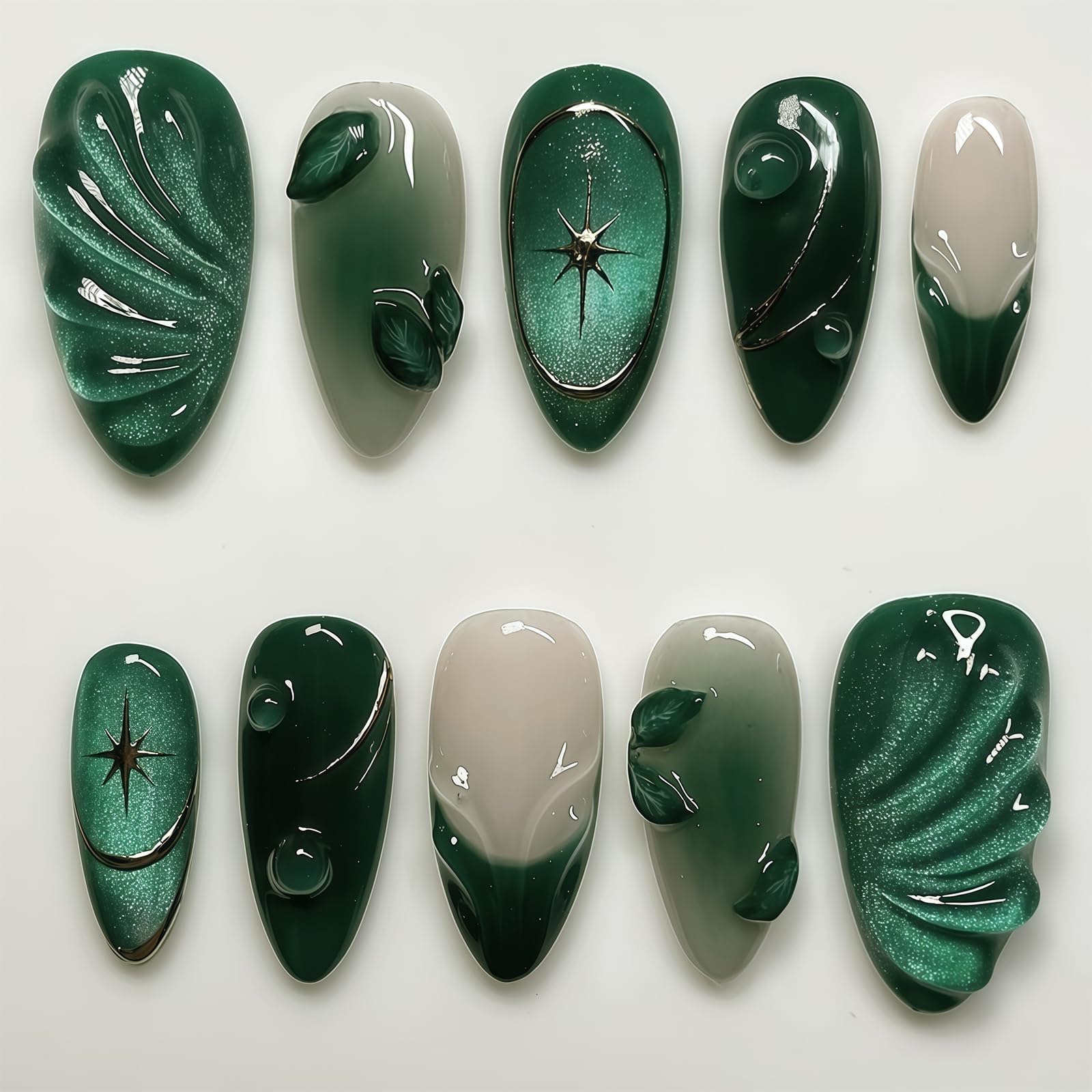 24Pcs Dark Green Press On Nails Medium Almond French Fake Nails with Star Design for Party Holiday & Daily Wear for Women