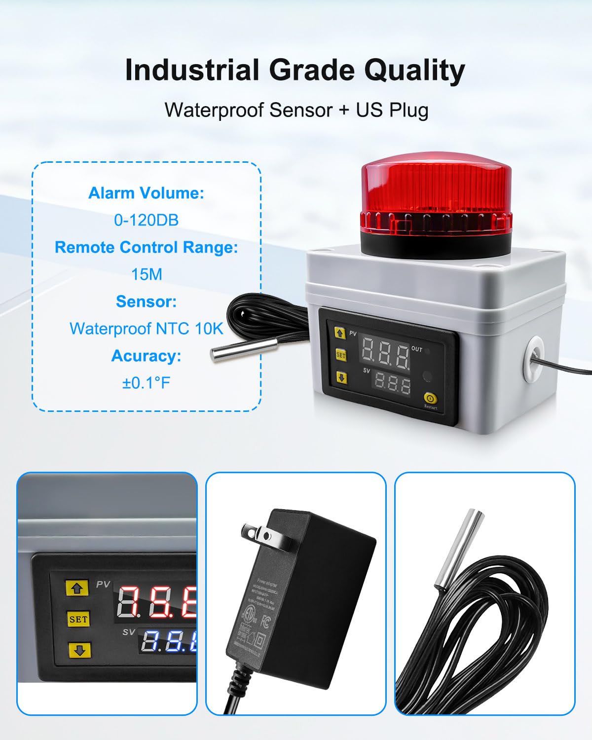 Monitor digital de alarma de temperatura de 12 V con control remoto, alerta de temperatura alta/baja de 120 dB, sonda de sensor impermeable, termómetro de temperatura de -50 ℃-110 ℃ para refrigerador
