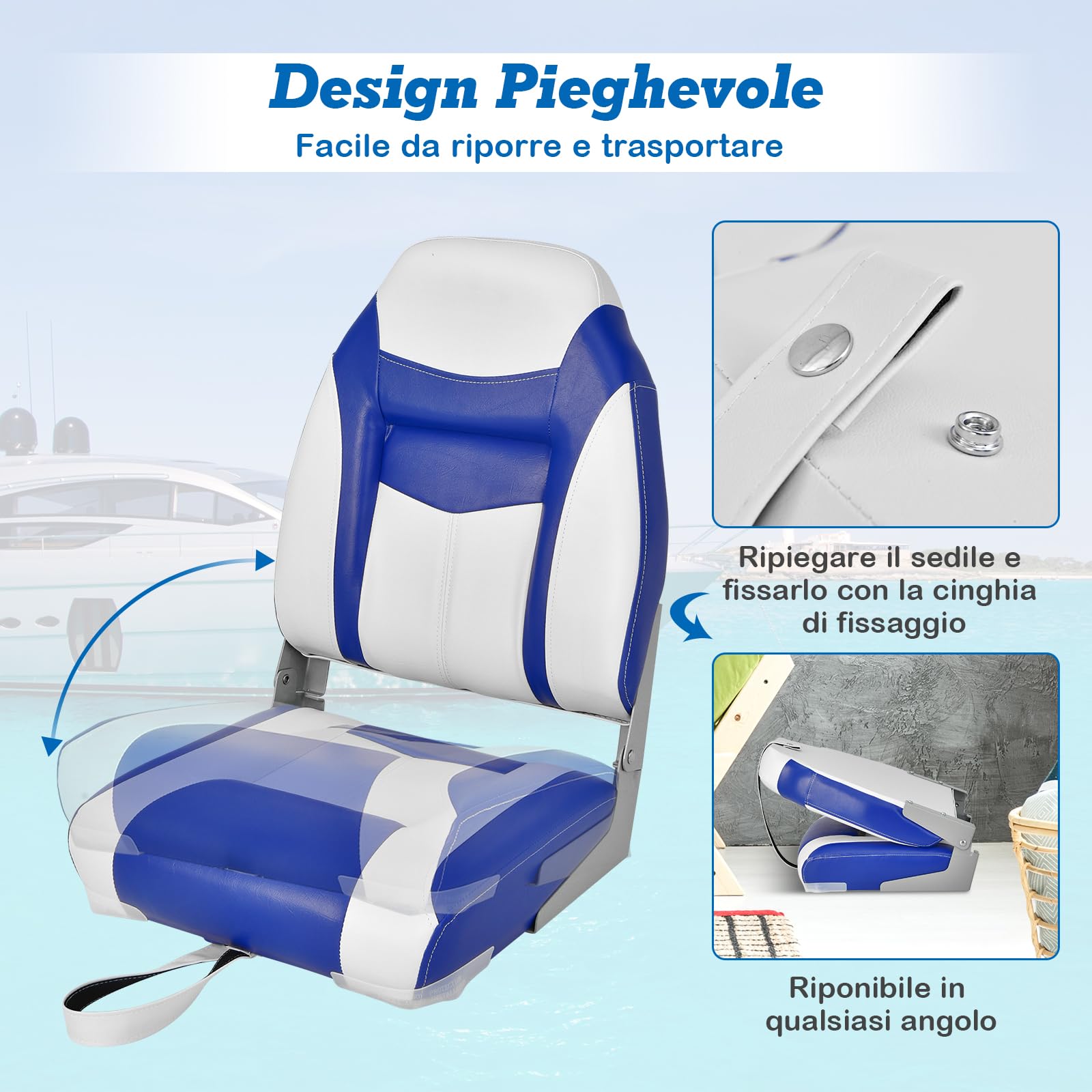 COSTWAY Sedia da Barca, Sedile da Barca Pieghevole con Morbido Cuscino Imbottito, Rivestimento in PVC Impermeabile, 44,5 x 51 x 61 cm (Blu, 2)