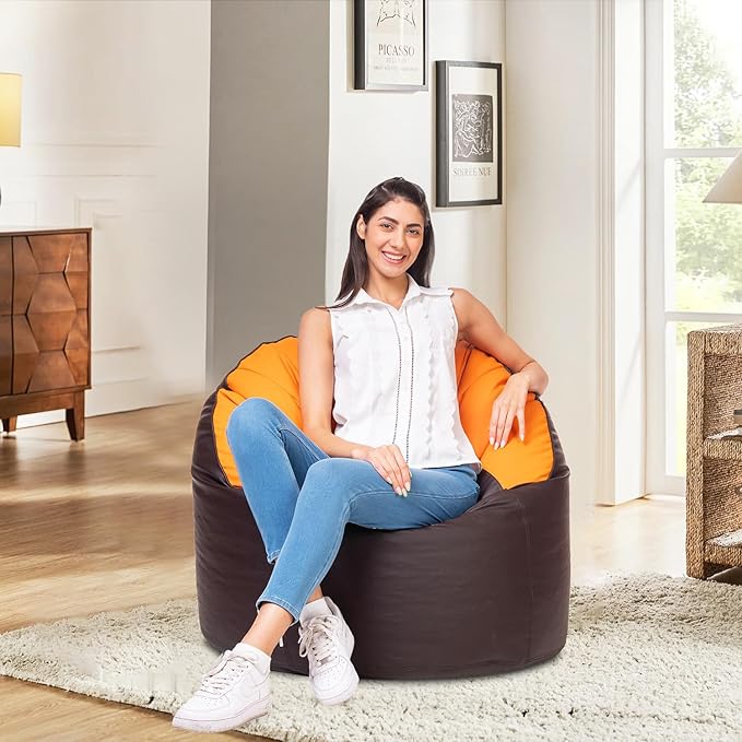 Solimo Premium Faux Leather Muddha Bean Bag Filled with Beans | High-Density Beans for Comfortable Seating | Capacity : Up to 6 Ft 3 In Height, 120 Kg, 4 XL | Brown & Orange