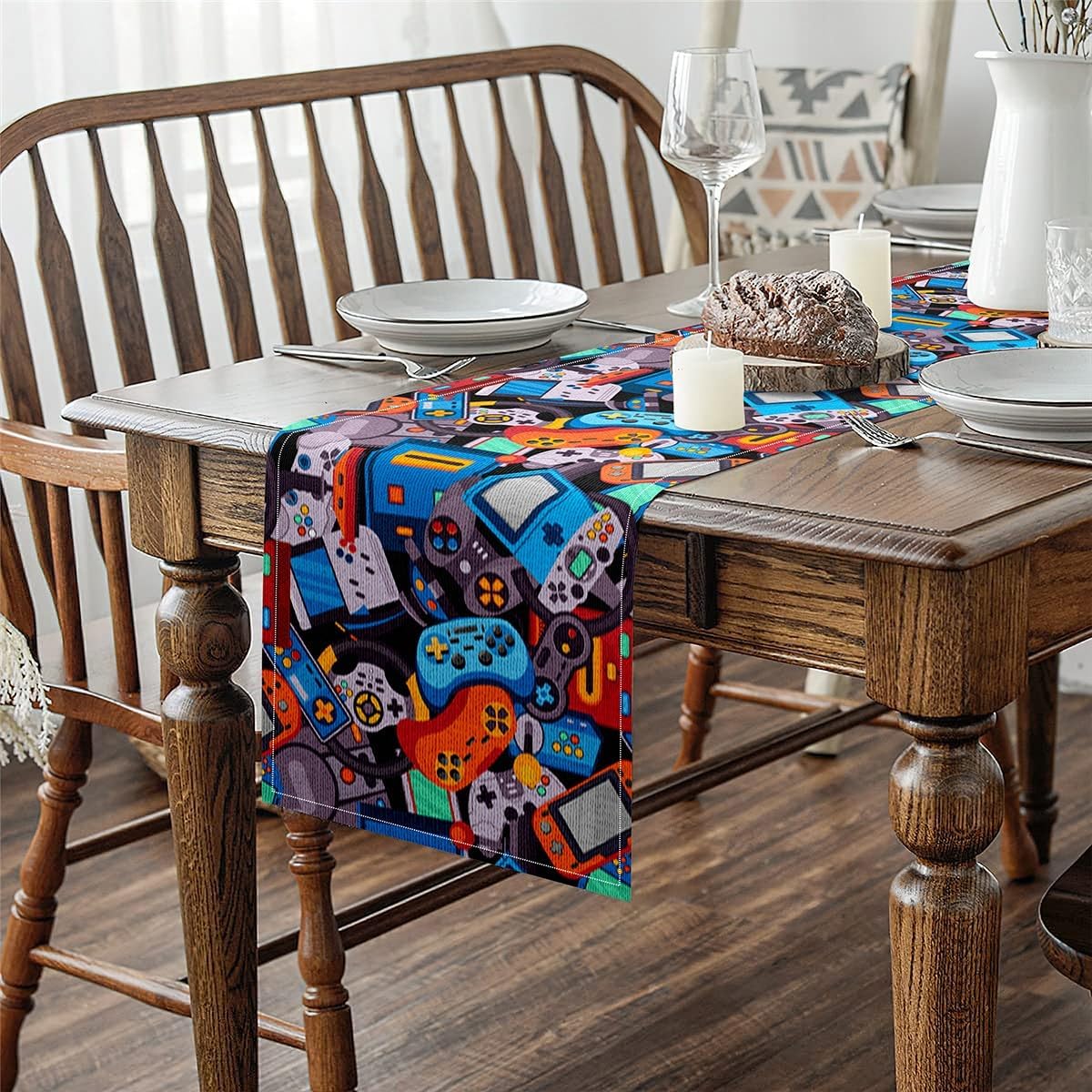 Video Game Table Runner Colorful Cartoon Game Console Illustration Table Dress for Kitchen Dining Table Game Controller Decor Gamer Gift Table Runners for Home Party Decor 60x13 Inch image 4
