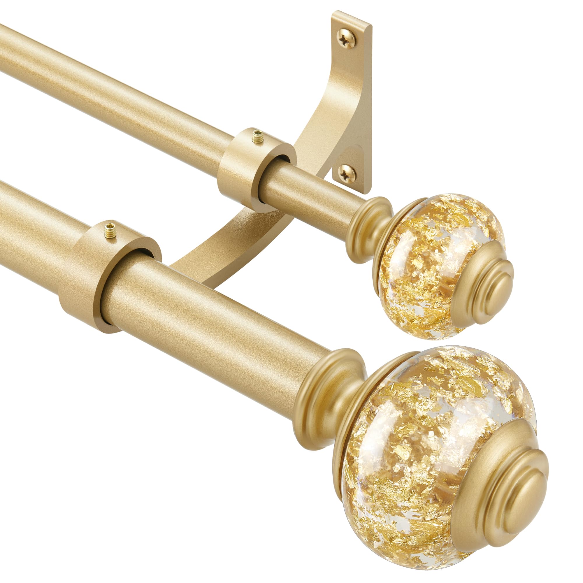 double curtain rods 36 to 72 inches(3-6 feet) with solid aluminum alloy brackets, 1” front and 5/8” back telescoping drapery rod for windows, heavy duty decorative curtain rods, warm gold