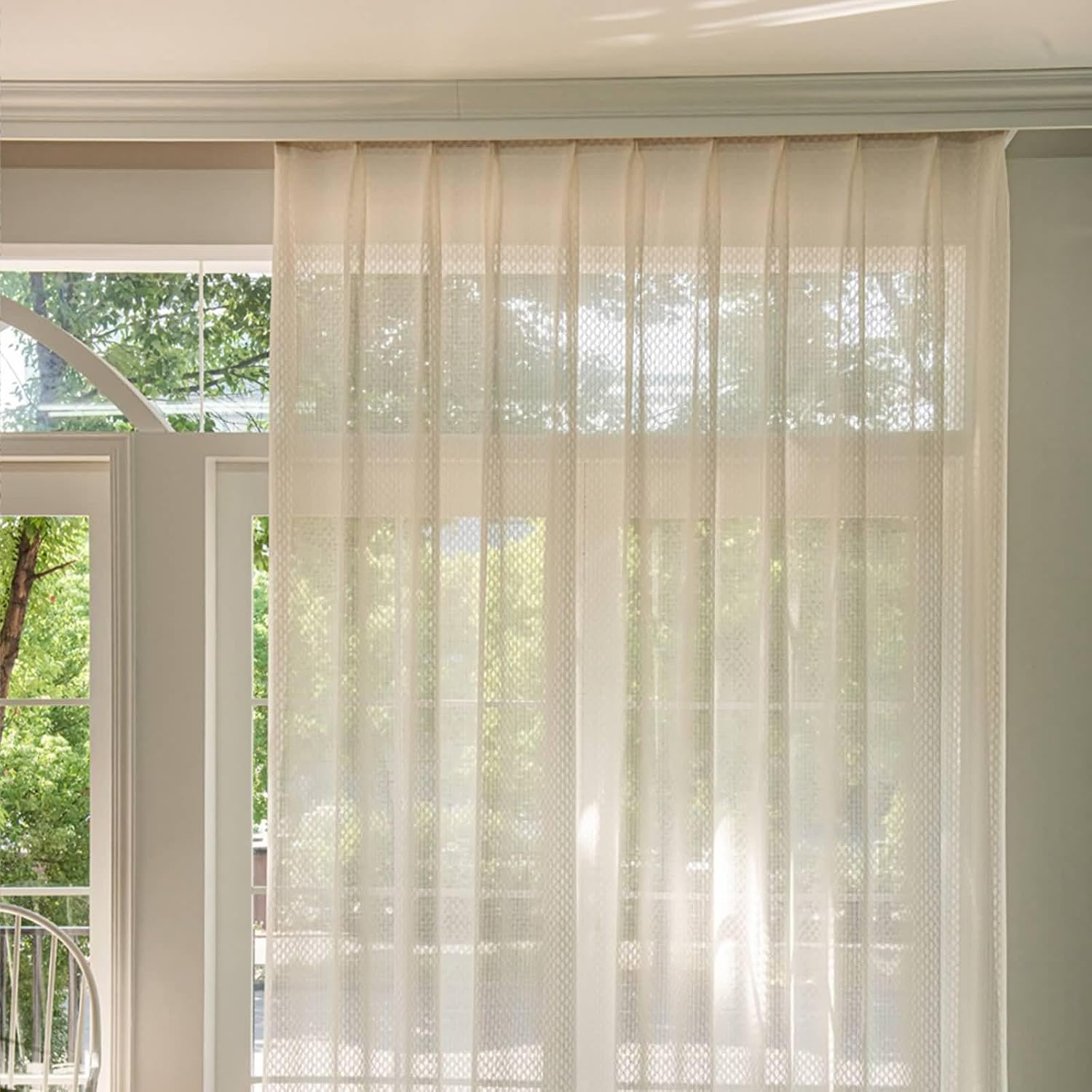 Daesar Window Curtains 2 Panel Sets 63 Inch Length, Eyelet Tulle Curtains Solid Color Hollow Geometric Wave Pattern Window Voile Drapes Treatment for Bedroom Living Room, 38x63 Inch Beige