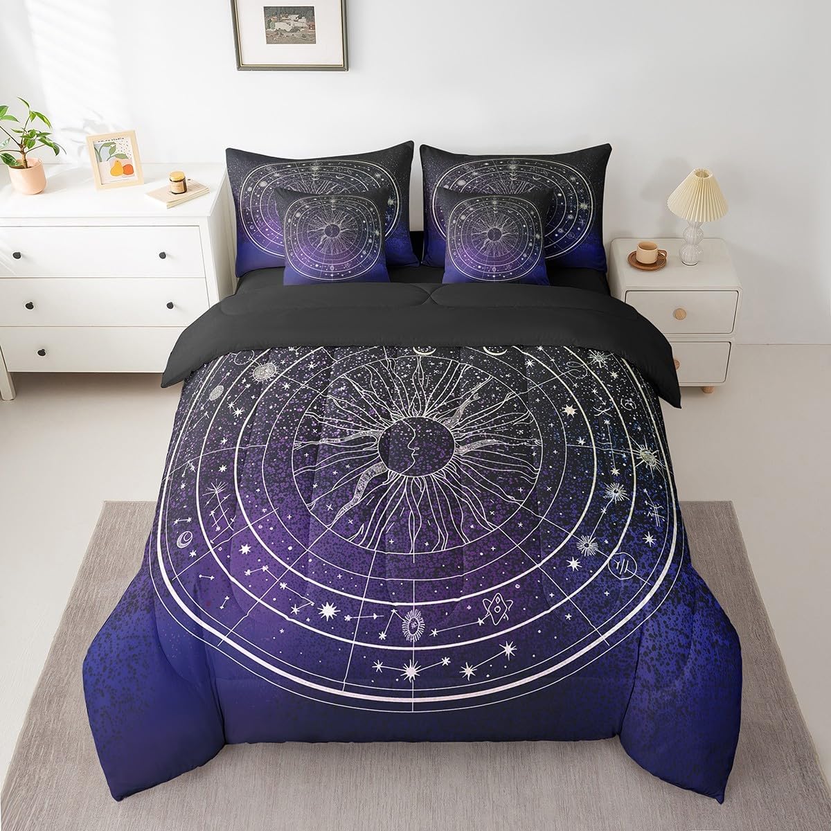 jejeloiu Sun and Moon Bed Set, Gifts for Girls Teens Women,Queen Size, Boho Exotic Decor 7 Pieces Beeding Set, Ultra Soft Galaxy Astrology Bed in a Bag with Comforter, Sheets, Pillowcases