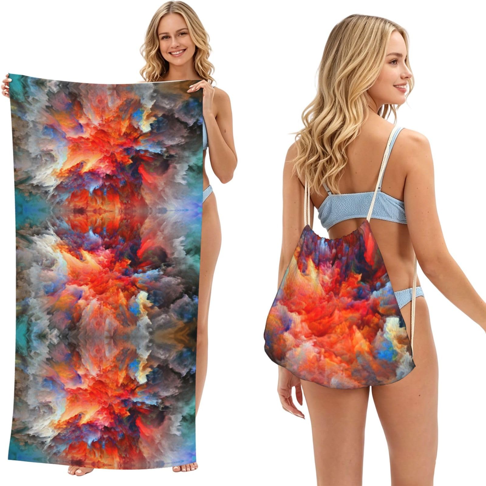 ESNAIUVCD Colorful Clouds Print Beach Towel For Adults,Towel With Drawstring Bag, Travel Pool Swimming Sports Shower Sand Free Quick Dry Bath Towel For Pool, Beach, Yoga- 180x60cm