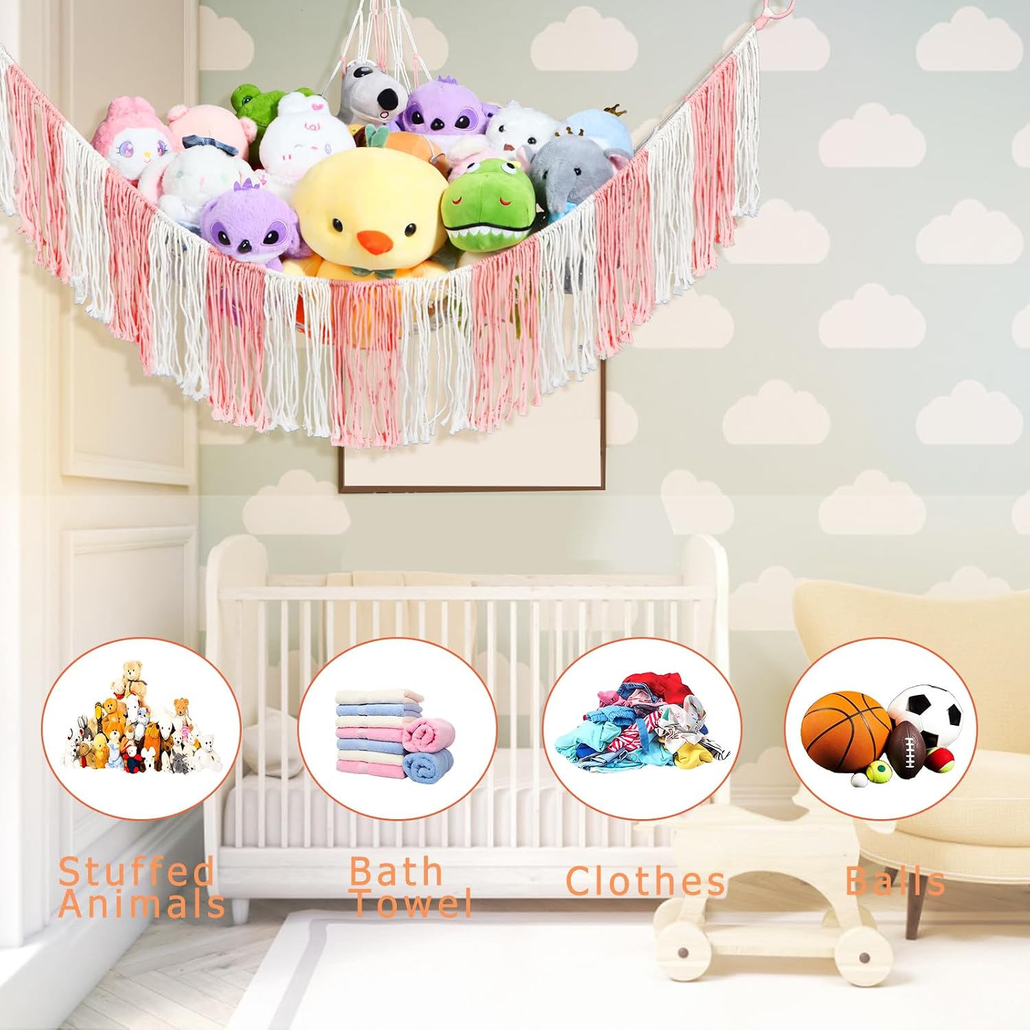 Stuffed Animal Hammock Net - Large Corner Toy Hammock for Plush Storage, Boho Macrame Hanging Organizer for Bedroom Decor, Playrooms, Nursery (Color match)