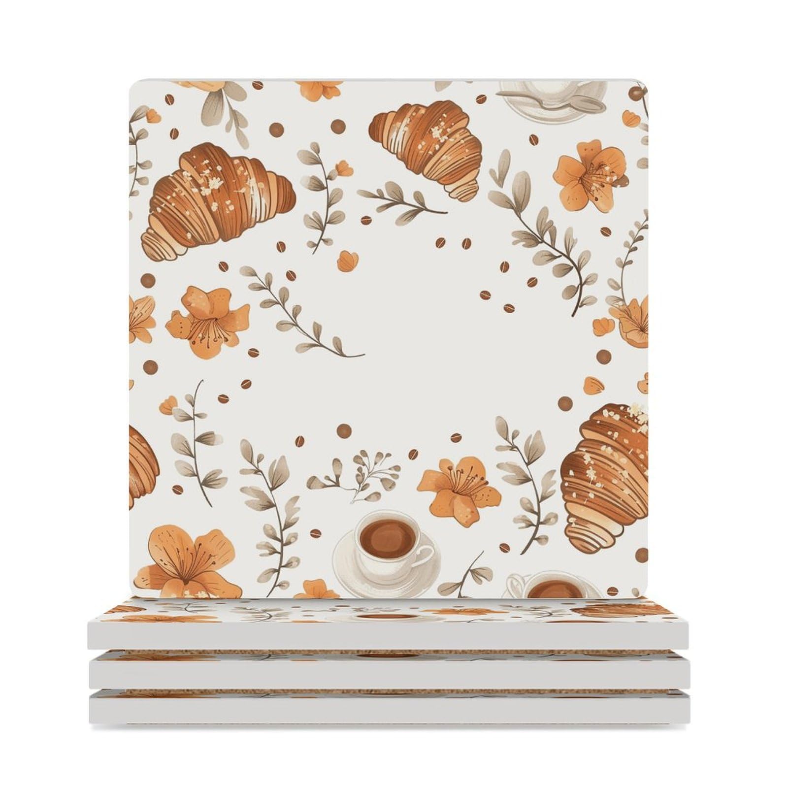 4 posavasos cuadrados de cerámica para bebidas, huevos y cruasanes, posavasos impresos para el hogar y el café, regalos de cumpleaños, adecuados para tipos de tazas