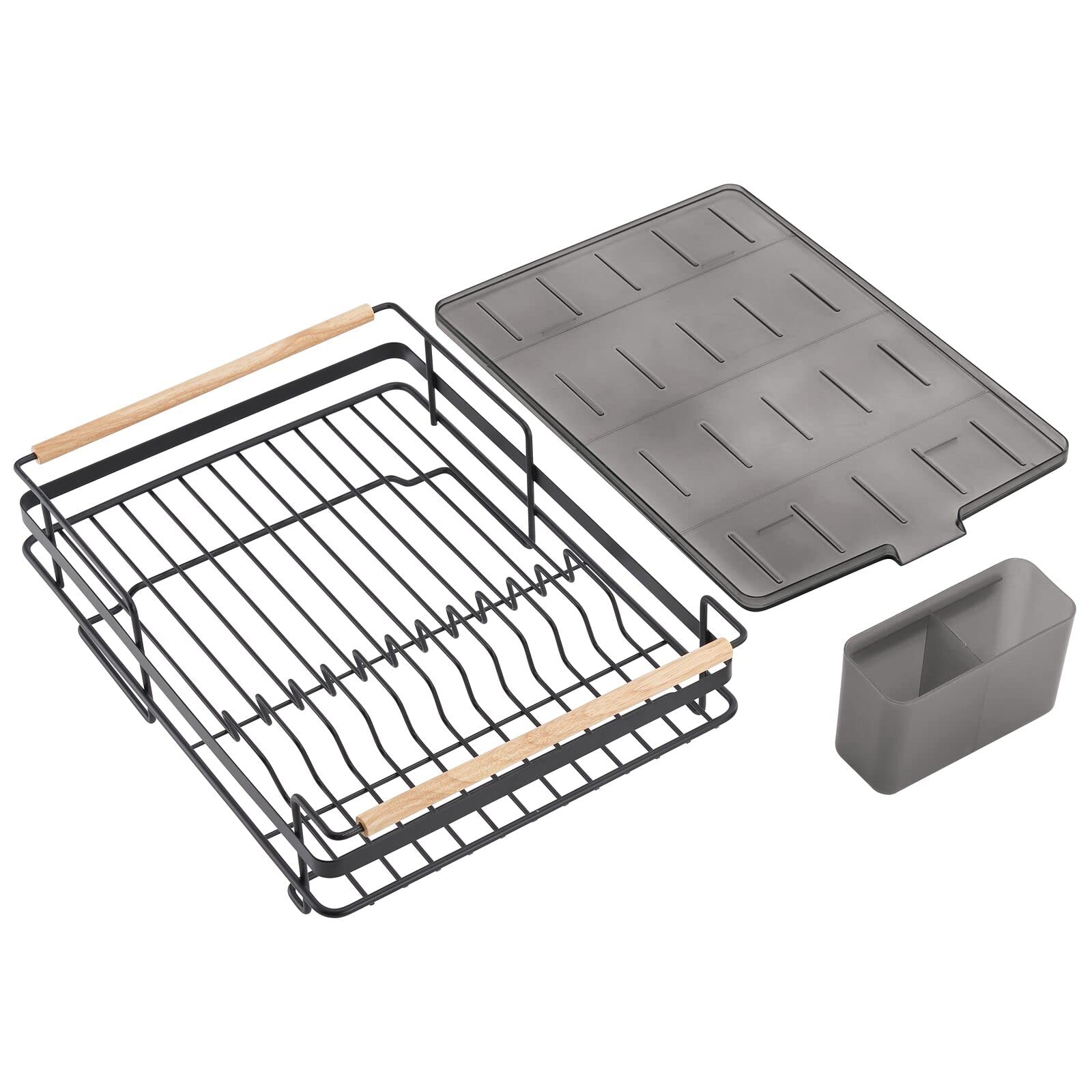 mDesign Escurreplatos de Metal con Asas de Madera – Escurreplatos con Bandeja para Cubiertos y Bandeja de Goteo – Escurreplatos para secar al Aire en la encimera, Color Negro Mate y Natural