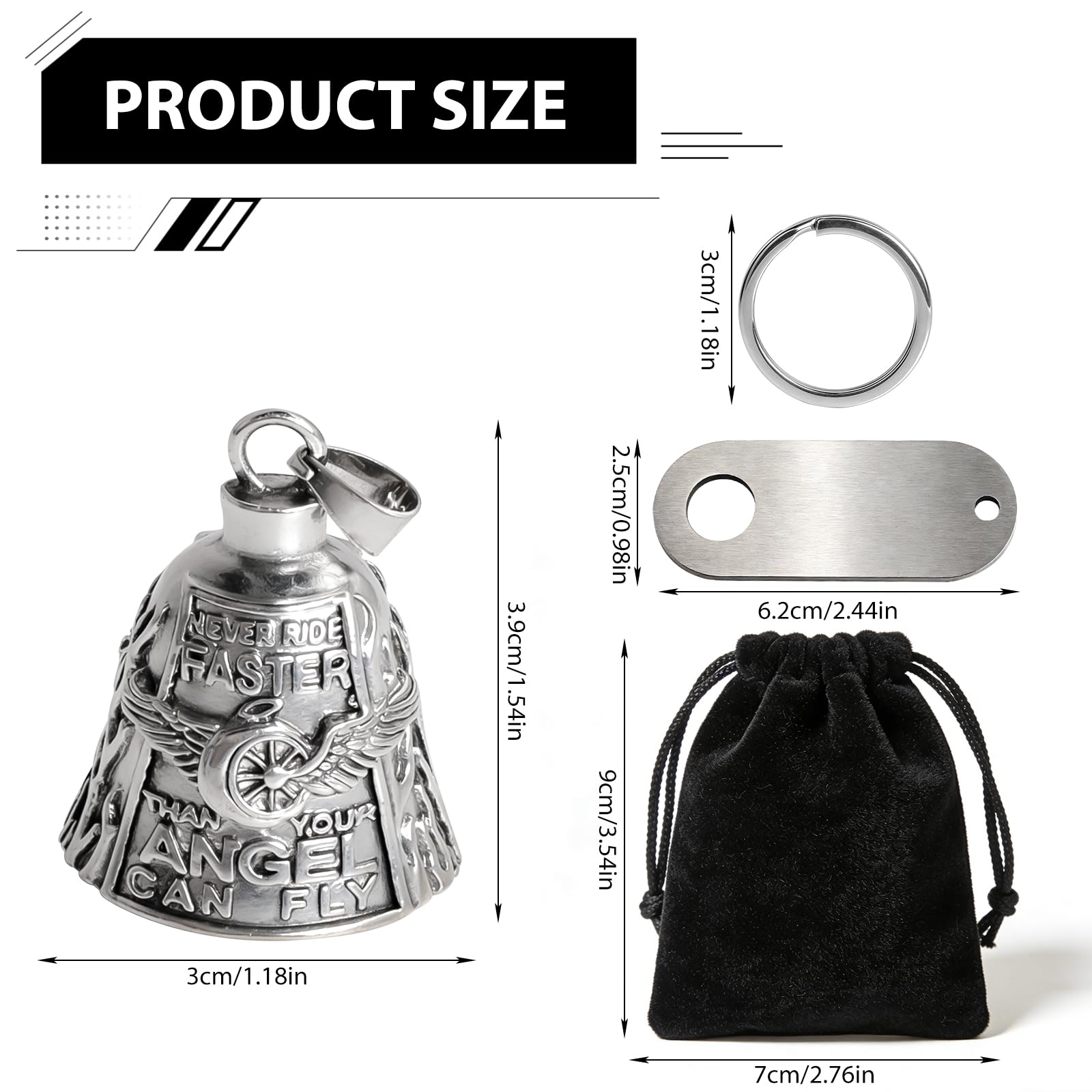 GomTrynxil Guardian Bell Biker Bell, Motorrad Glocke Glücksbringer, Reitglocke Motorrad Glöckchen mit Schlüsselanhänger und Ring, Motorradglocke Schlüsselanhänger Personalisiert Pendant mit Beutel - 2