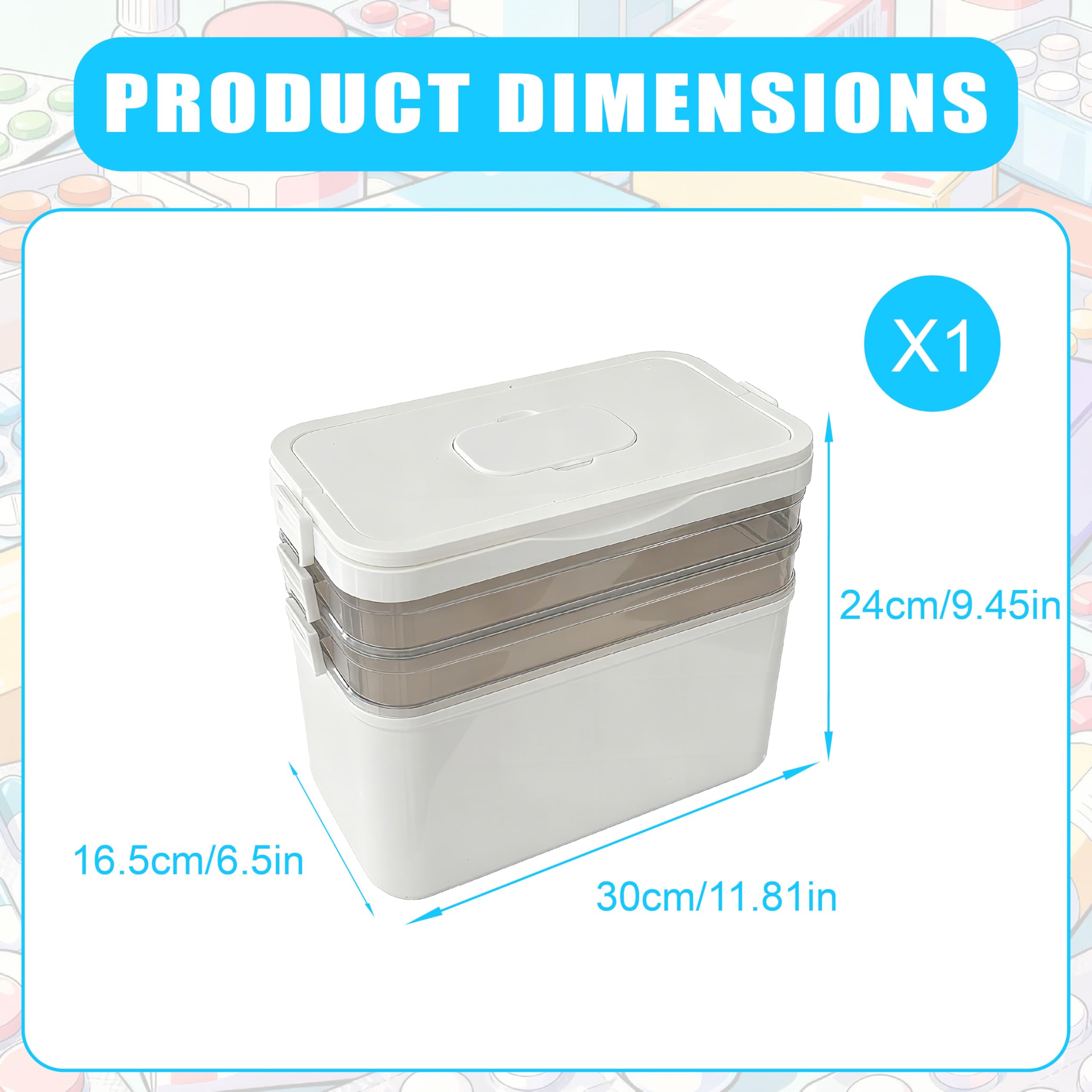 Caja de medicamentos de 3 niveles con asa de transporte, color blanco, con compartimentos extraíbles, ideal para el hogar, viajes y oficina, caja grande de primeros auxilios (31 x 16,5 x 25,5