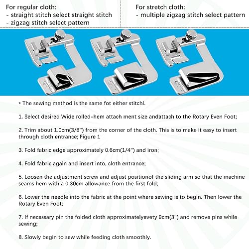 Miniatura 3 de YEQIN El juego de 8 piezas de prensatelas para máquina de coser incluye 3 pies de dobladillo ancho, 3 pies prensatelas de dobladillo enrollado