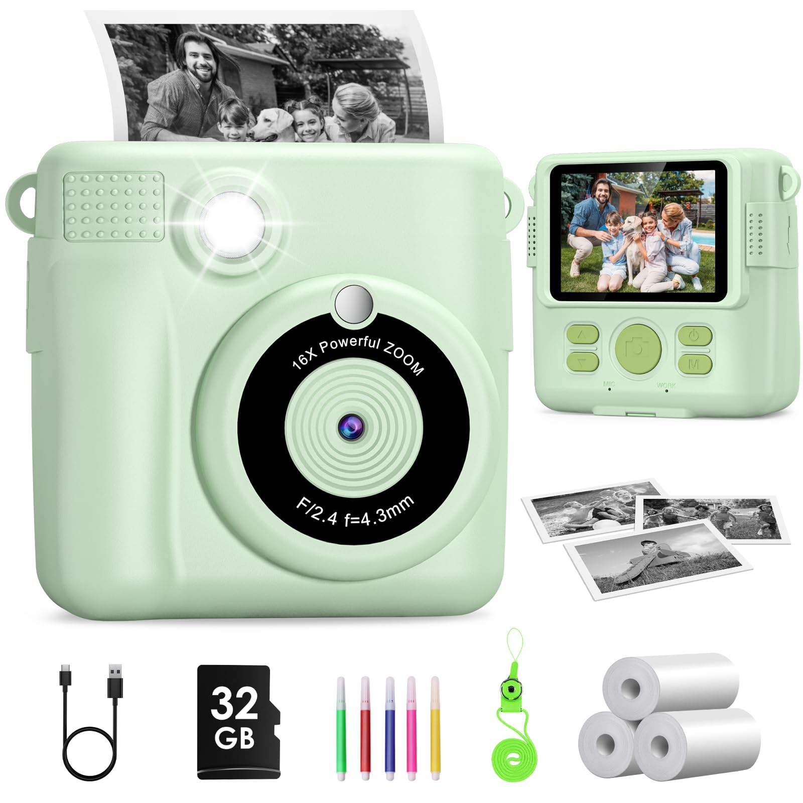 Macchina Fotografica Bambini Istantanea, GREENKINDER 2.4 Pollici/1080P Fotocamera Istantanea Bambini con 32GB Scheda e Carta da Stampa, Fotocamera Digitale Bambini per Ragazze Ragazzi da 3-12 Anni