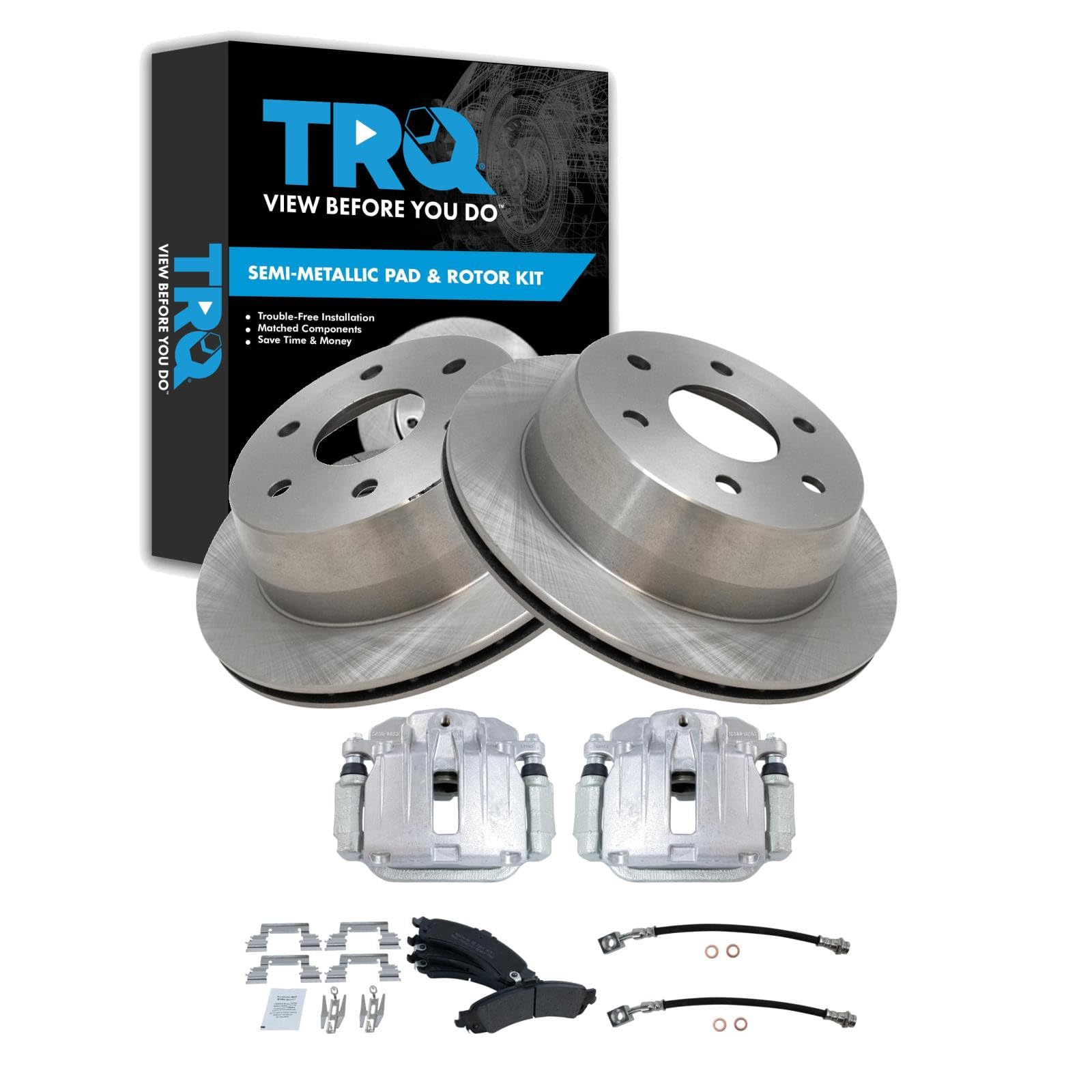TRQ Rear Brake Pad and Rotor Set Semi Metallic Calipers Compatible with 2000-2001 Chevrolet Tahoe GMC Yukon