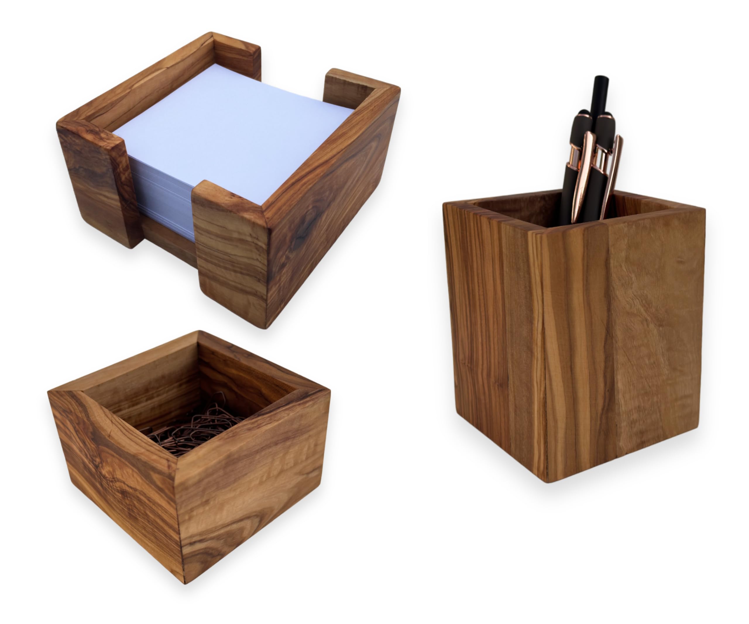 Zettelbox Notitzpapier Halter für 9x9cm Zettel + Stifthalter Becher + Büroklammernhalter squaremood eckig handgefertigt aus Olivenholz, Geschenkidee.