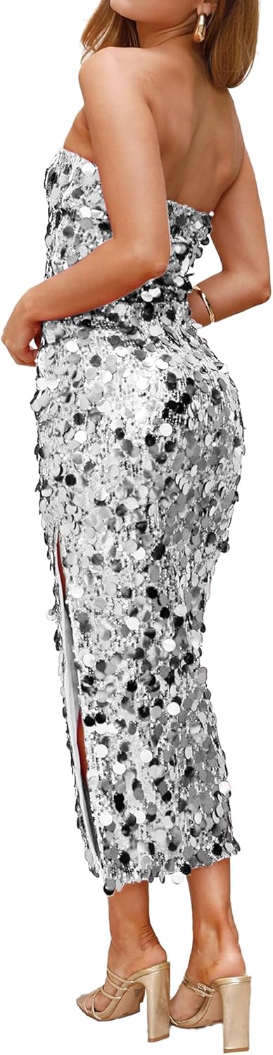 YYA Women's Midi Strapless Dress Sequin Strappy Bodycon Party Dress Sparkly Glitter Ruched Party Club Dress,S-XL - Image 5