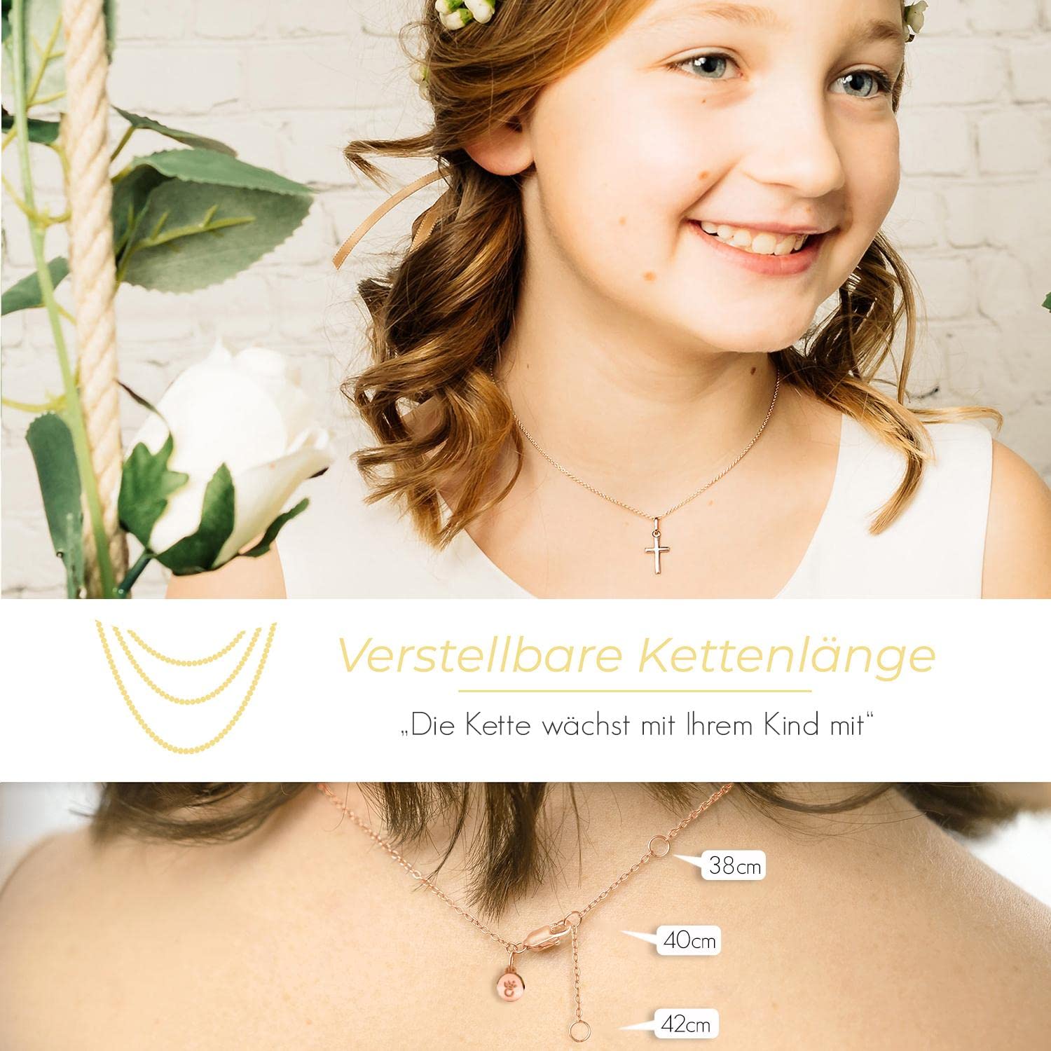 Amoonìc Kreuz Kette Taufkette Mädchen Rosegold (Silber 925 vergoldet) klein | Halskette mit Kreuzanhänger Kreuzkette Baby Junge Kinder, Schmuck Geschenk zur Geburt Taufe Kommunion Taufgeschenk Patenkind
