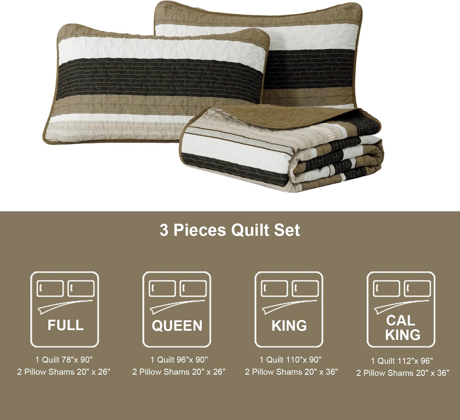 King Size Quilt Set Brown Striped 3 Piece Fall Patchwork Bedspreads Coverlet, Soft Lightweight Browm White Bedding Set with 2 Pillow Shams, Soft Microfiber Comforter Set for All Seasons, 110" × 90" - Image 7