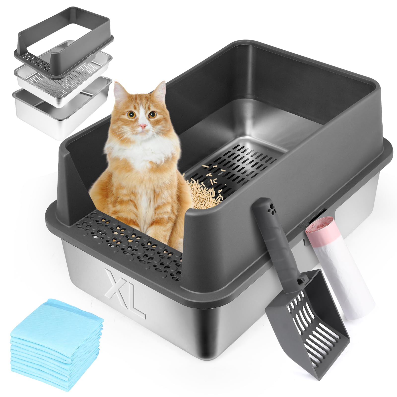 Stainless Steel Sifting Litter Box for Pine Pellet, 23.6" L x 15.7" W x 12" H XL Enclosed Cat Litter Box with Lid | High Sided Sifter Litter Pan System for Odor Control, with Liners and Scoop