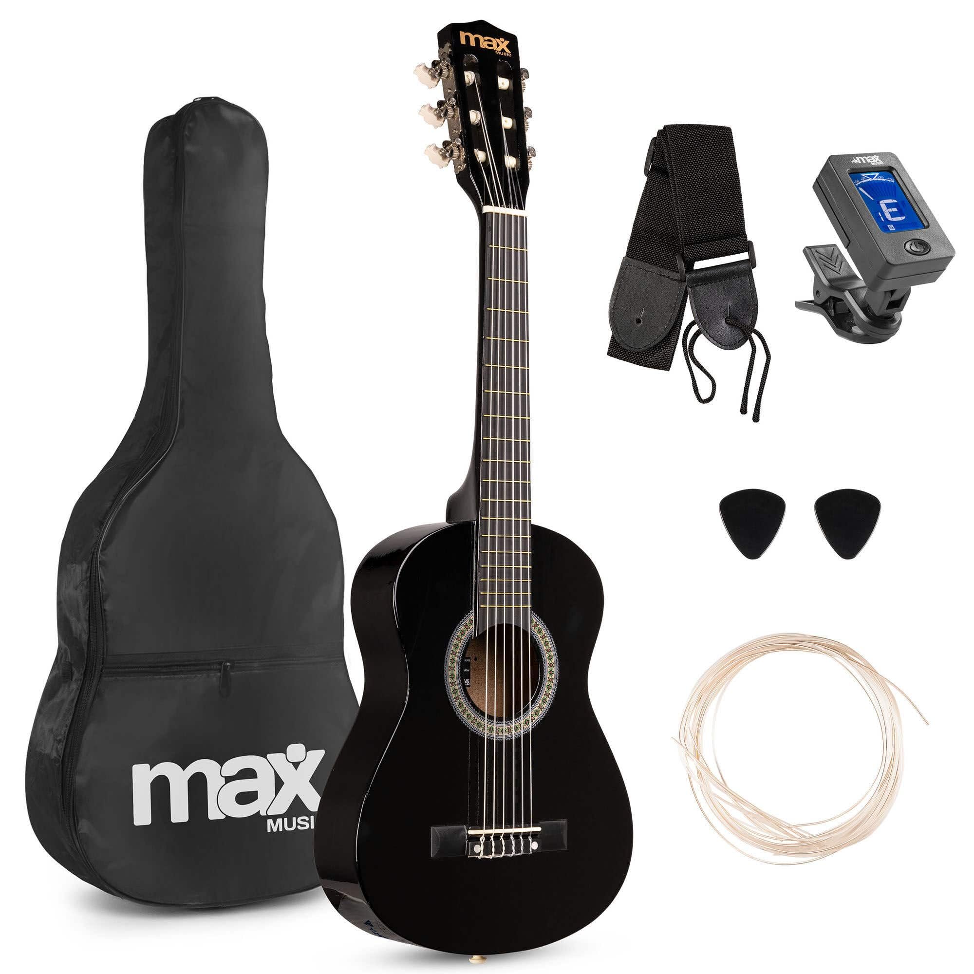 Max SoloArt Junior 1/4 Beginner Acoustic Guitar Starter Kit for Kids, Childrens Wooden Instrument Set with Accessories, Ideal Childrens Beginner Musical Gift, Black