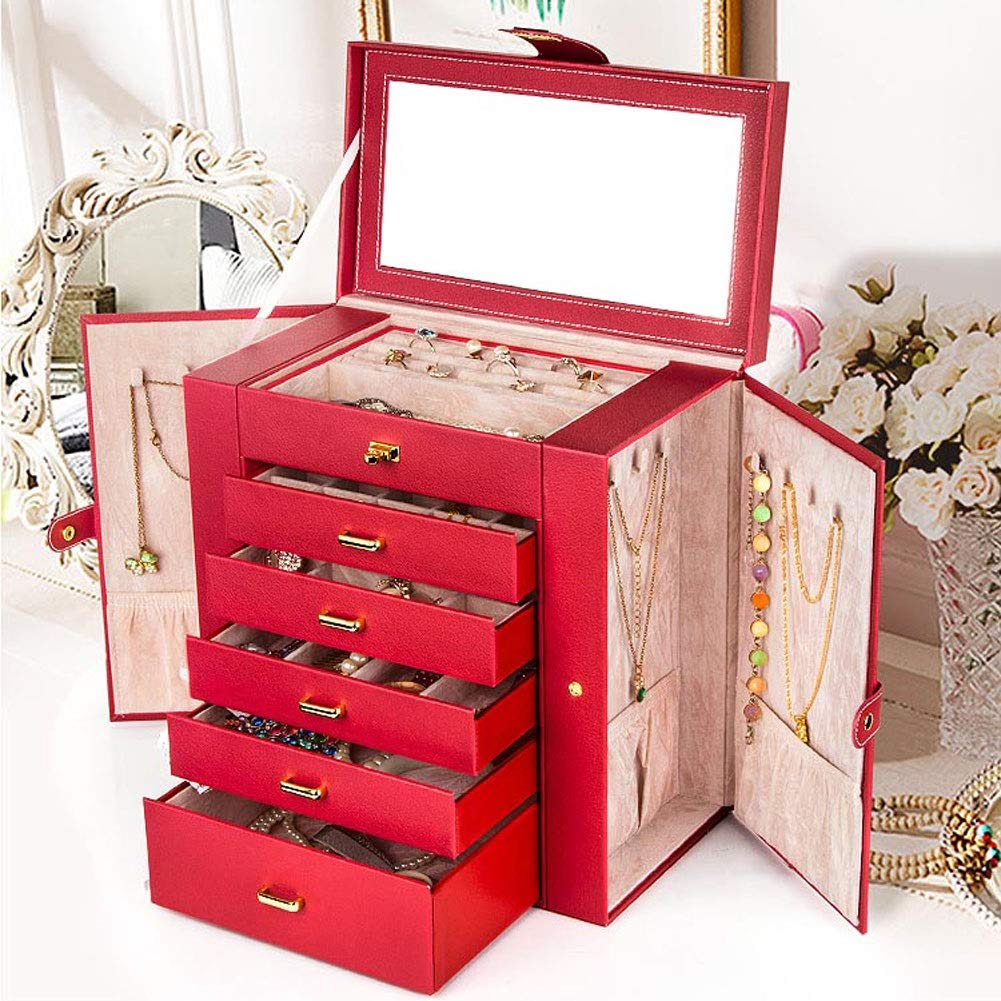 Joyero de Piel sintética con Seis Pisos, Estilo Princesa de Gran Capacidad con Espejo, Caja de Almacenamiento versátil para Joyas, joyero para Mujer (Color: Negro)