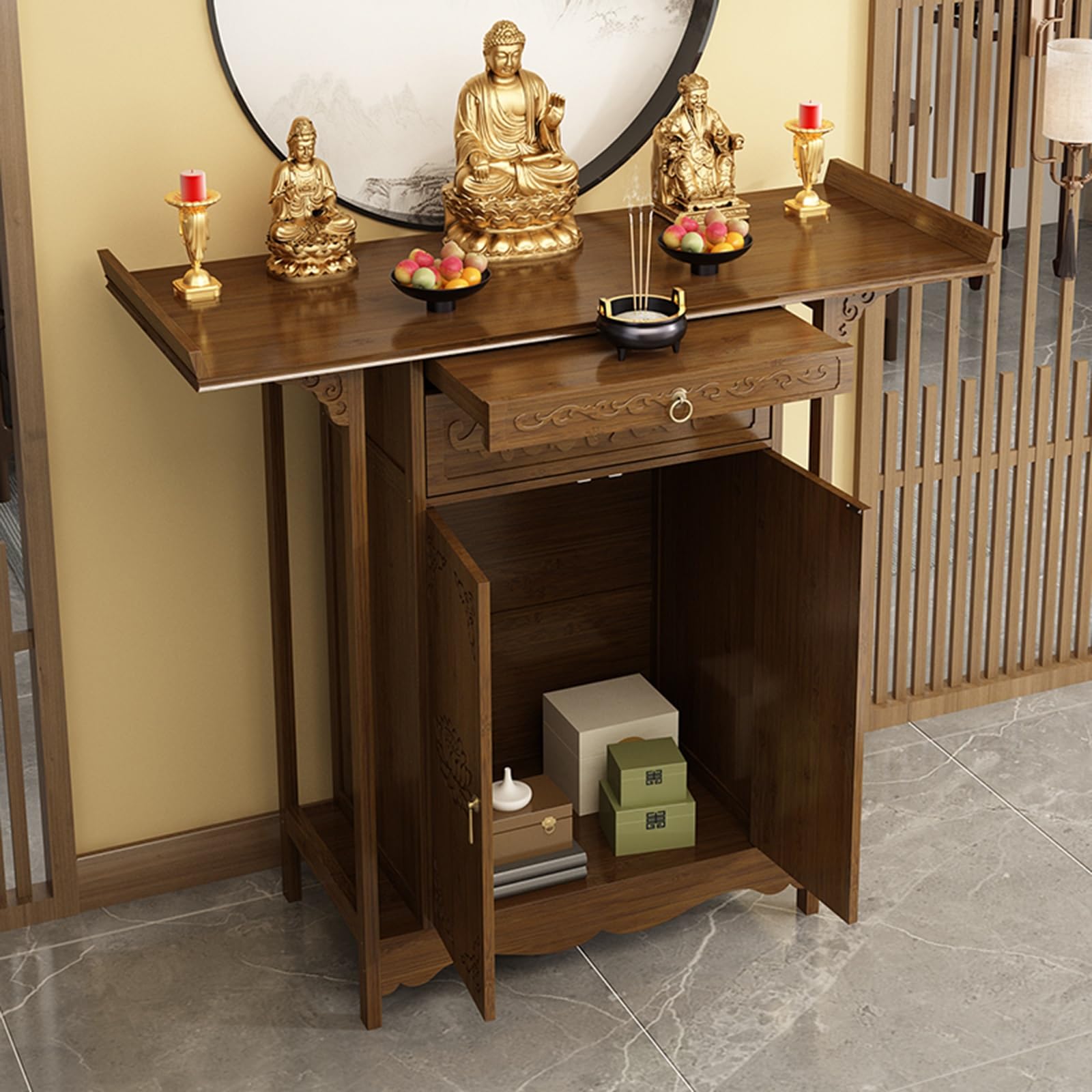 Mesa de Altar con Cajón para Oración y Gabinete Chino con Nicho de Buda y Estante de Incienso