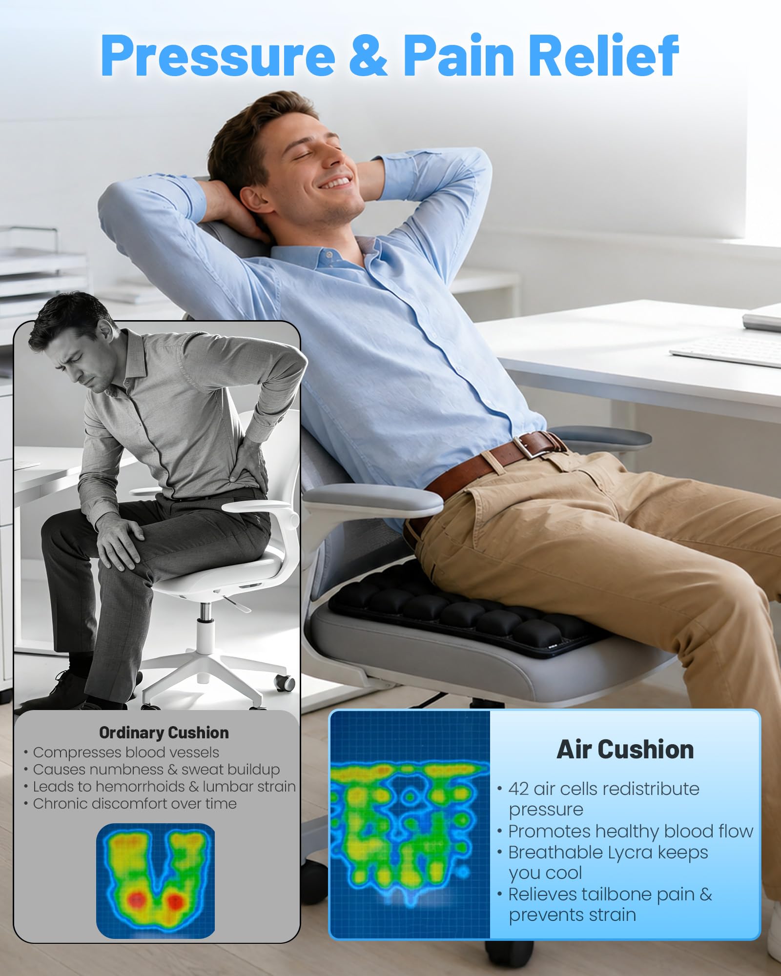 LeMotech Cuscino da viaggio per aereo, portatile e regolabile, supporto ergonomico confortevole, cuscino gonfiabile ad aria con fondo antiscivolo per lunghi voli, ufficio, campeggio, sedia a rotelle