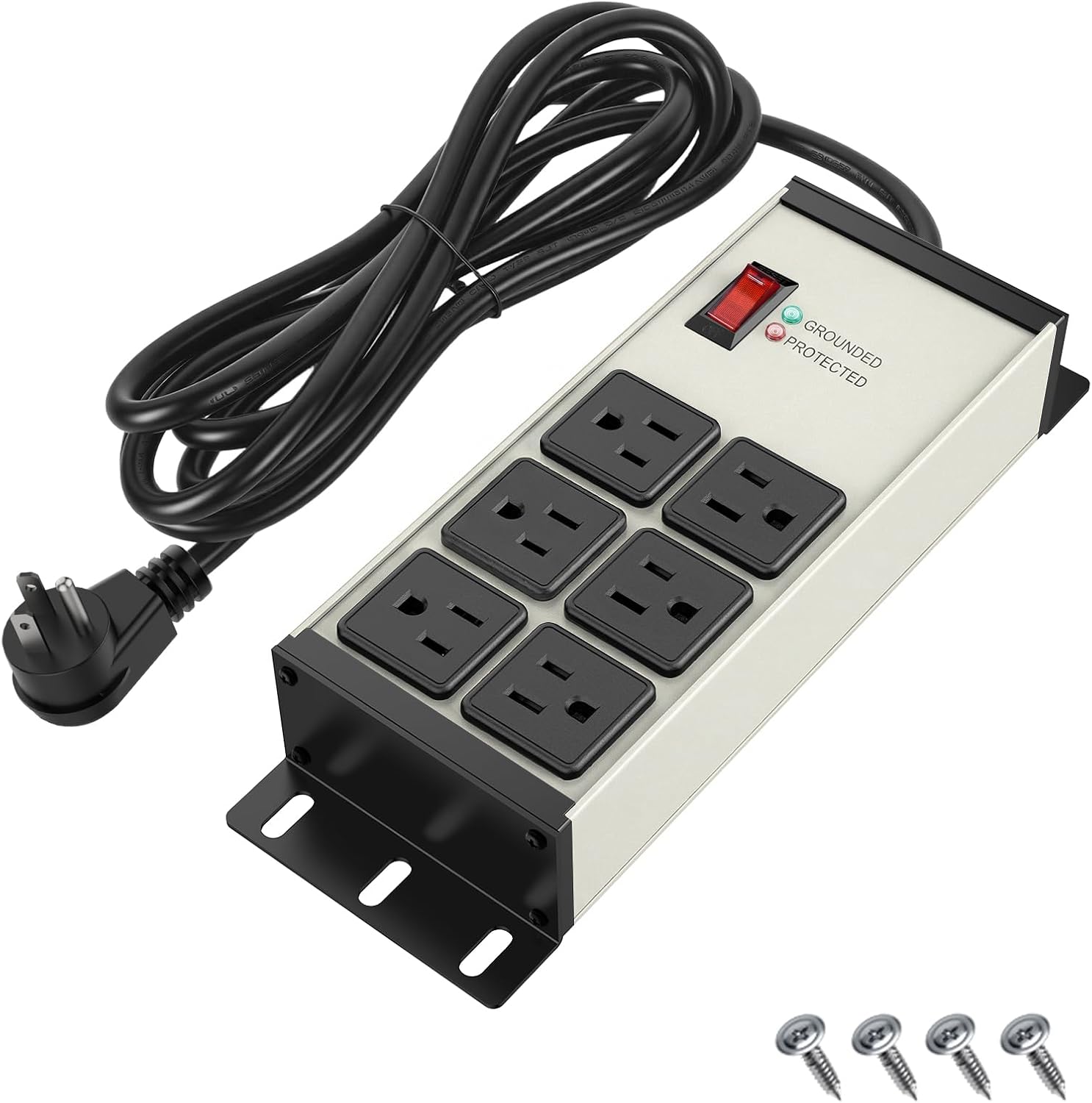 Heavy Duty Power Strip Surge Protector 2500J, 15A 1875W 6 Outlets Extension Cord 4FT 14AWG with Flat Plug, Metal Power Strip for Kitchen Appliances, Workshop, Garage & Office (Black, 4FT)