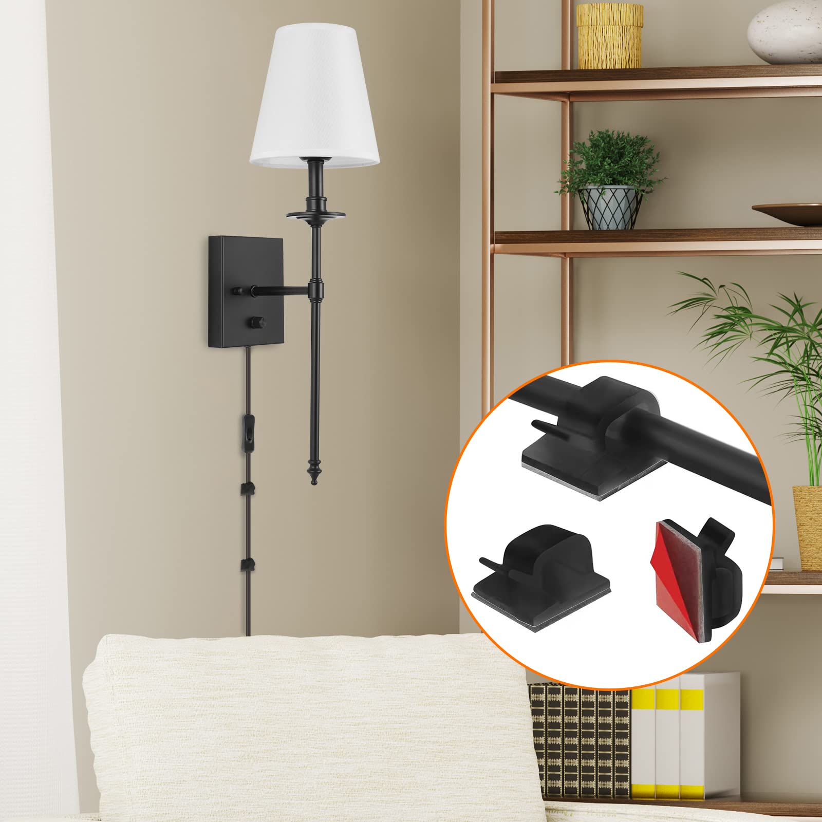 Dimmable Wall Sconces Set of Two, ENCOMLI Plug in Wall Sconces White Fabric Shade, Wall Lamp with Plug in Cord, Plug in Wall Light for Living Room Bathroom Vanity Light Fixture, Bulbs Included, Black