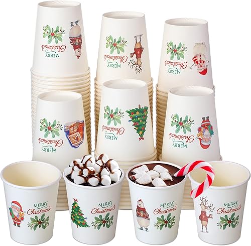 Hotop 120 tazas de Navidad de 9 onzas, árbol de muñeco de nieve de Papá Noel, oso polar, alce, suministros para fiestas, desechables, café, té,