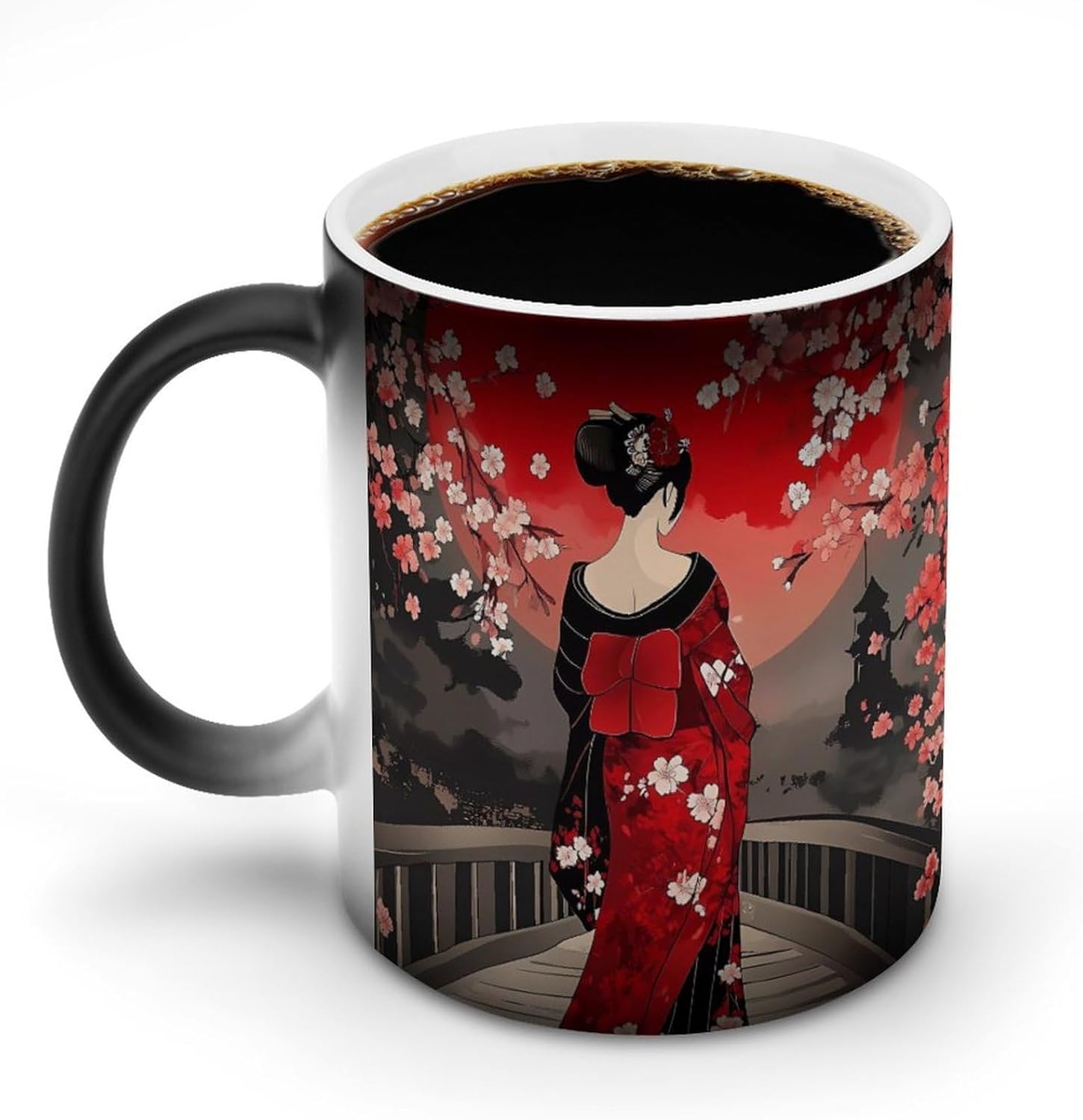 Japanese Geisha Under The Blood Moon Color Changing Mug Heated Ceramic Cup Heat Sensitive Coffee Mug Fun Gift