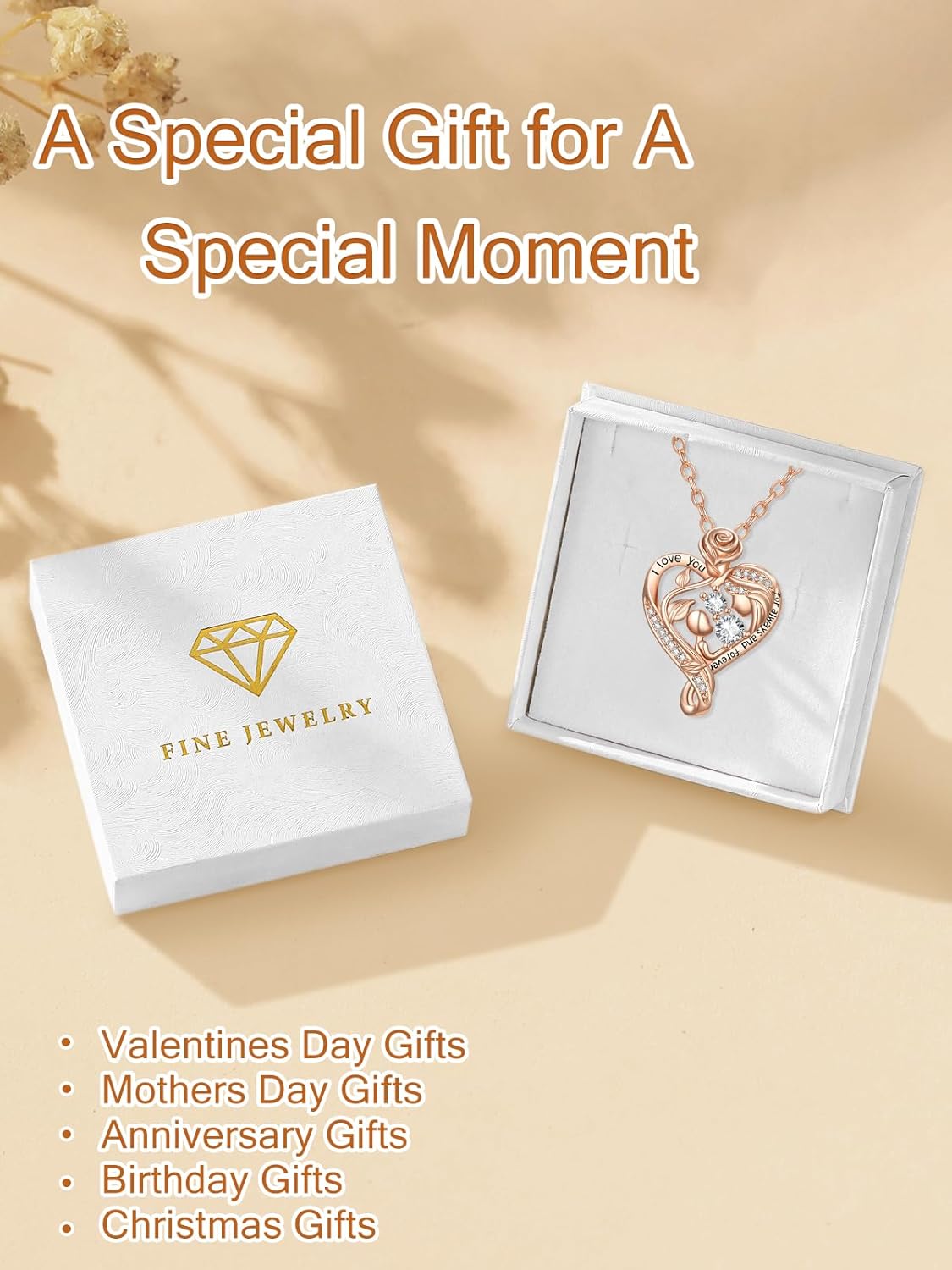 Mom Necklace Mother Love Rose Heart Necklace Rose Gold I Love You Mom Gifts Birthday Jewelry Diamond Gifts for Mom Grandmother Wife