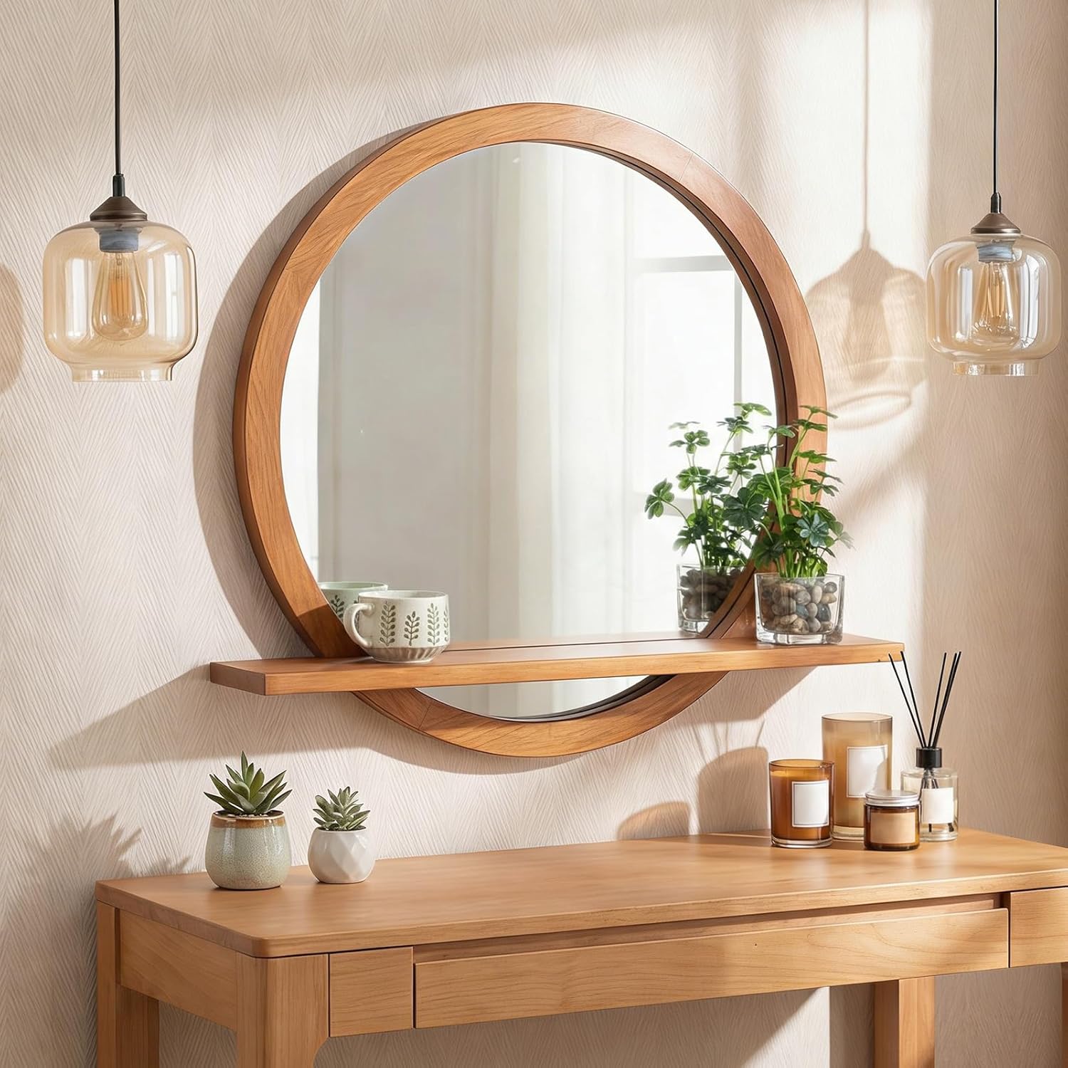 Vercraft 24 Inch Round Rustic Wood Wall Mirror with Shelf - Handcrafted Solid Rubber Wood Frame for Bathroom Entryway Living Room