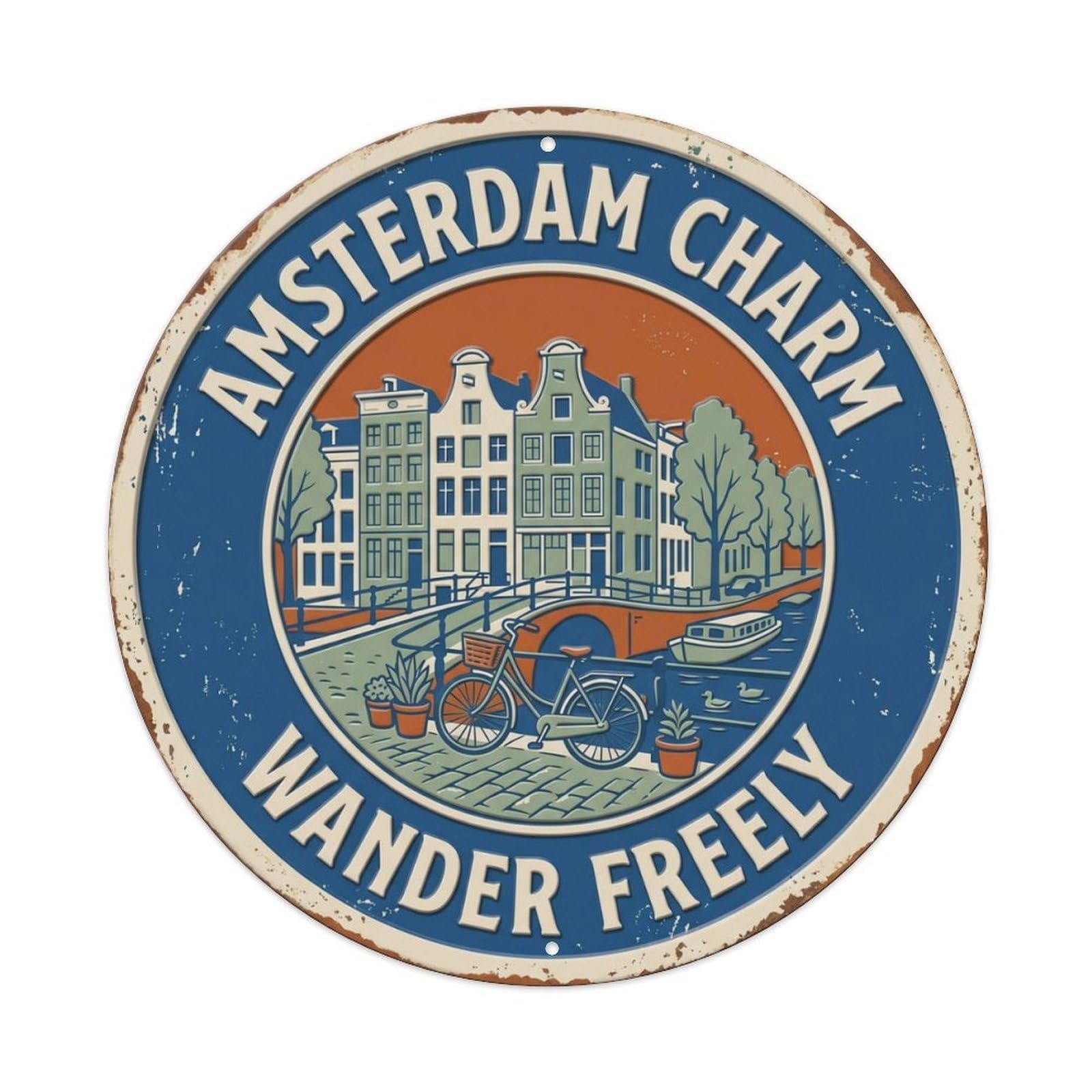 Canal Charm Wander Amsterdam Waterway Metal Tin Sign Plaque Wall Decor for Cafe, Club Bar, Office, Home Garden Round Metal Poster 8x8Inch